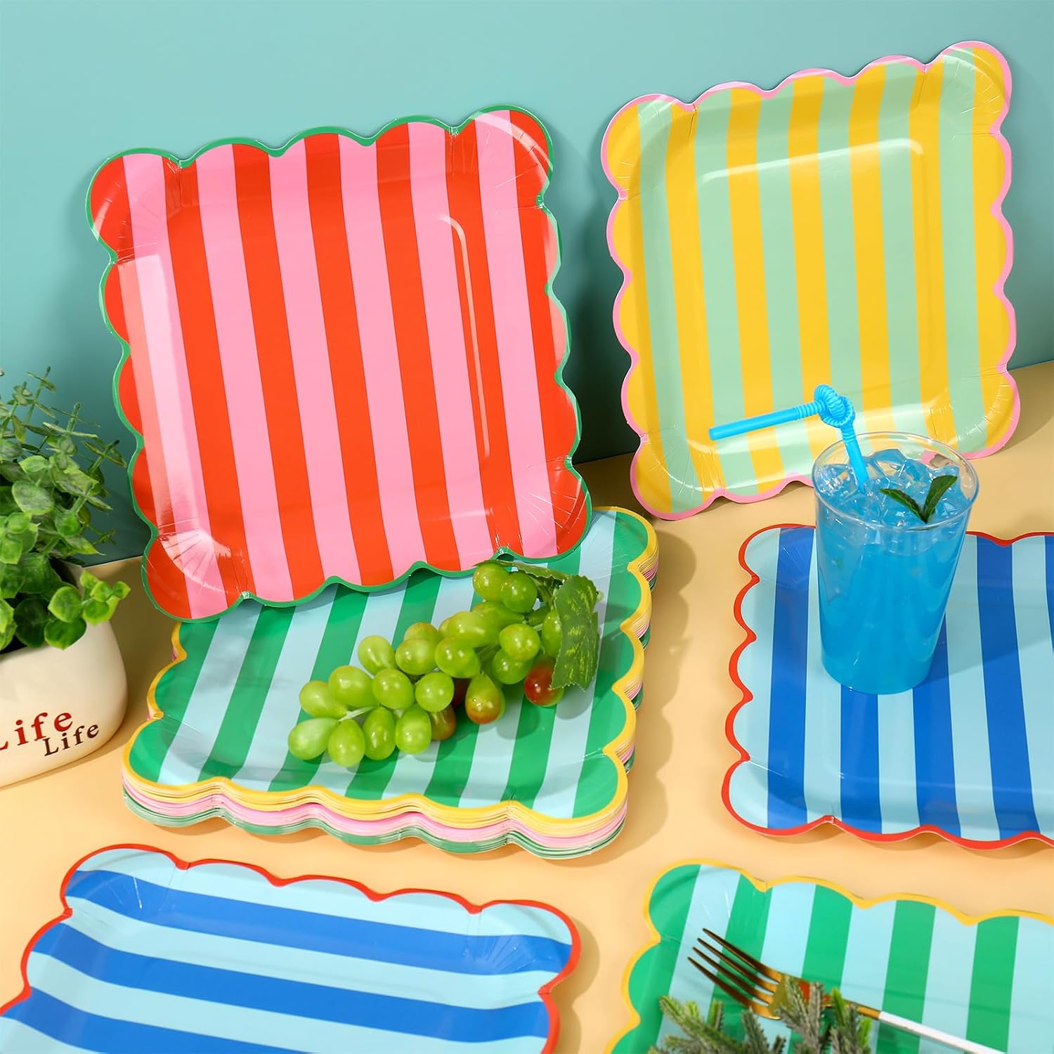 Whaline 48Pcs Striped Square Paper Plates, Scalloped Edge, Colorful, 9 In image 4