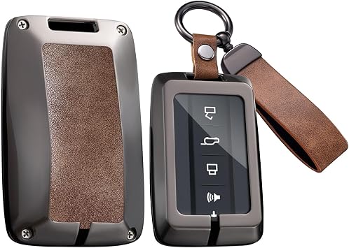 Key Fob Cover Compatible with Great Wall GWM WEY Tank 300 500 Tank300 Tank500 Accessories Alloy& Leather Key Shell Case with Keychains-Long Keychian Brown