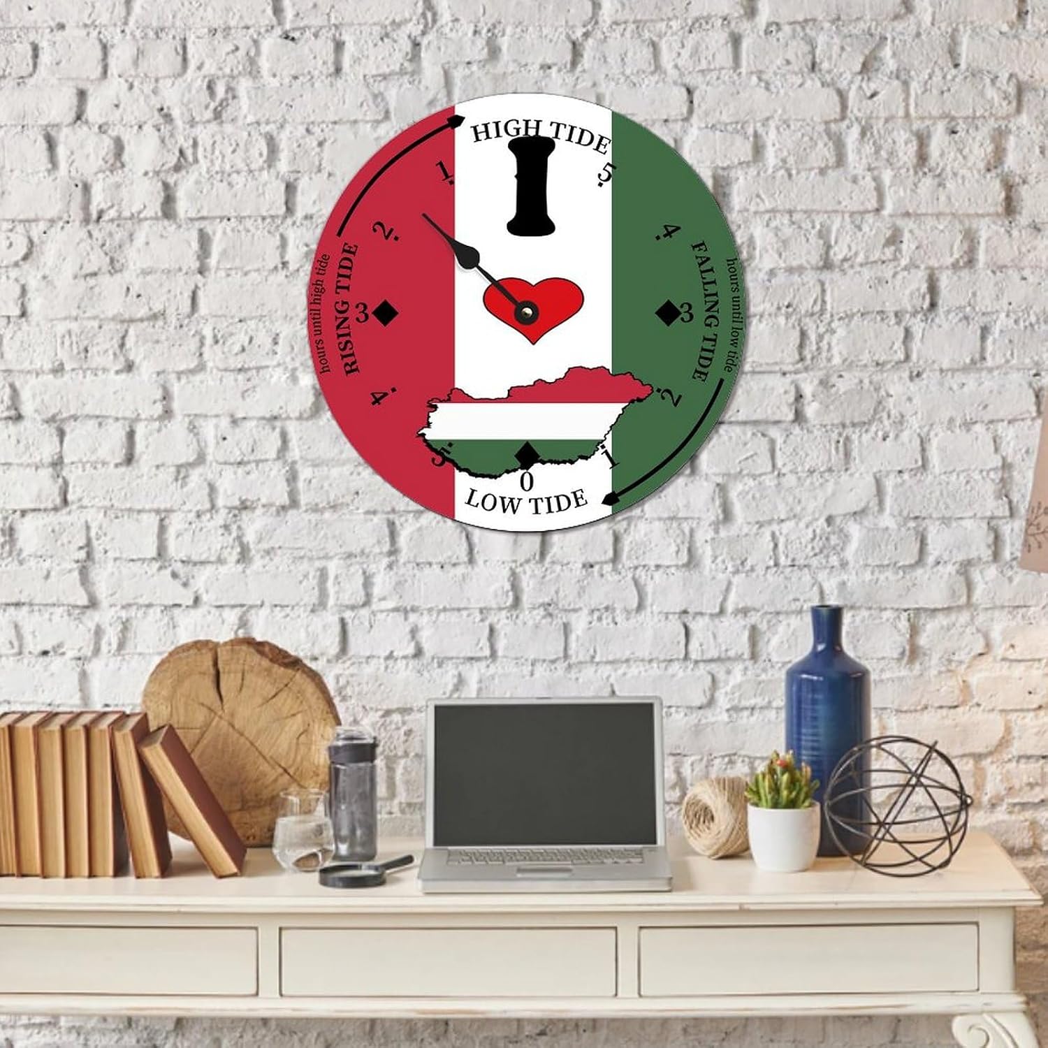 I Love My Country,Hungary Tide Clock Hungary National Flag Wood Tidal Clock with High Tide Low Tide Non-Ticking Tide Clock 15in Wall Tide Movement Clock for Wall Decor Boat Accessories