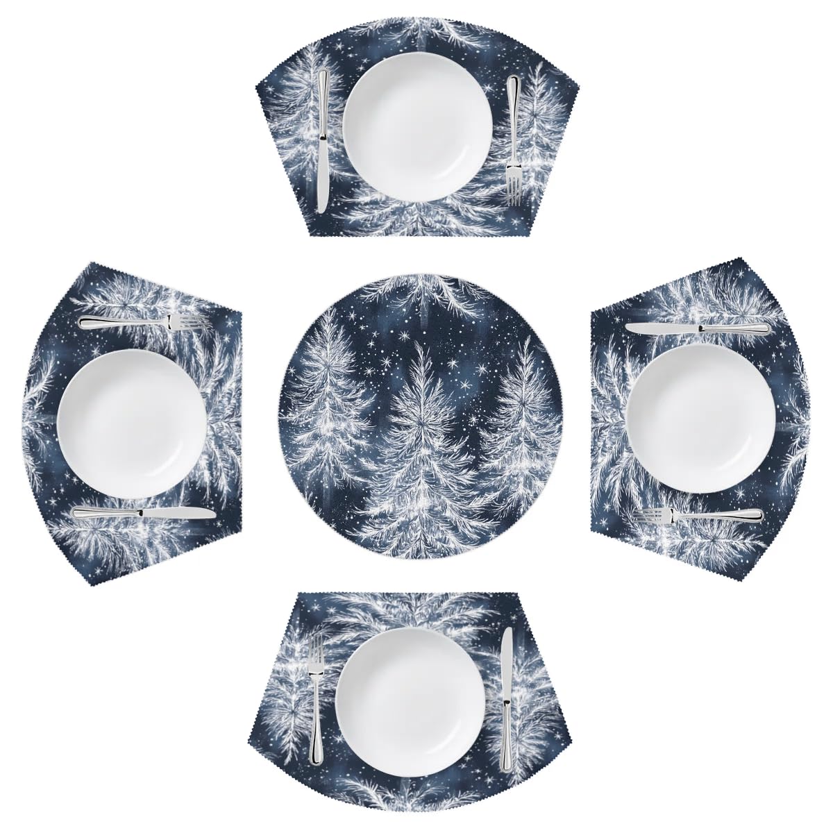 Mexpekil Snowflakes Christmas Tree Placemats Set of 4 for Round Table Wedge Place Mats with Centerpiece Heat Resistant Washable Plate Mats for Kitchen (5 Pcs)