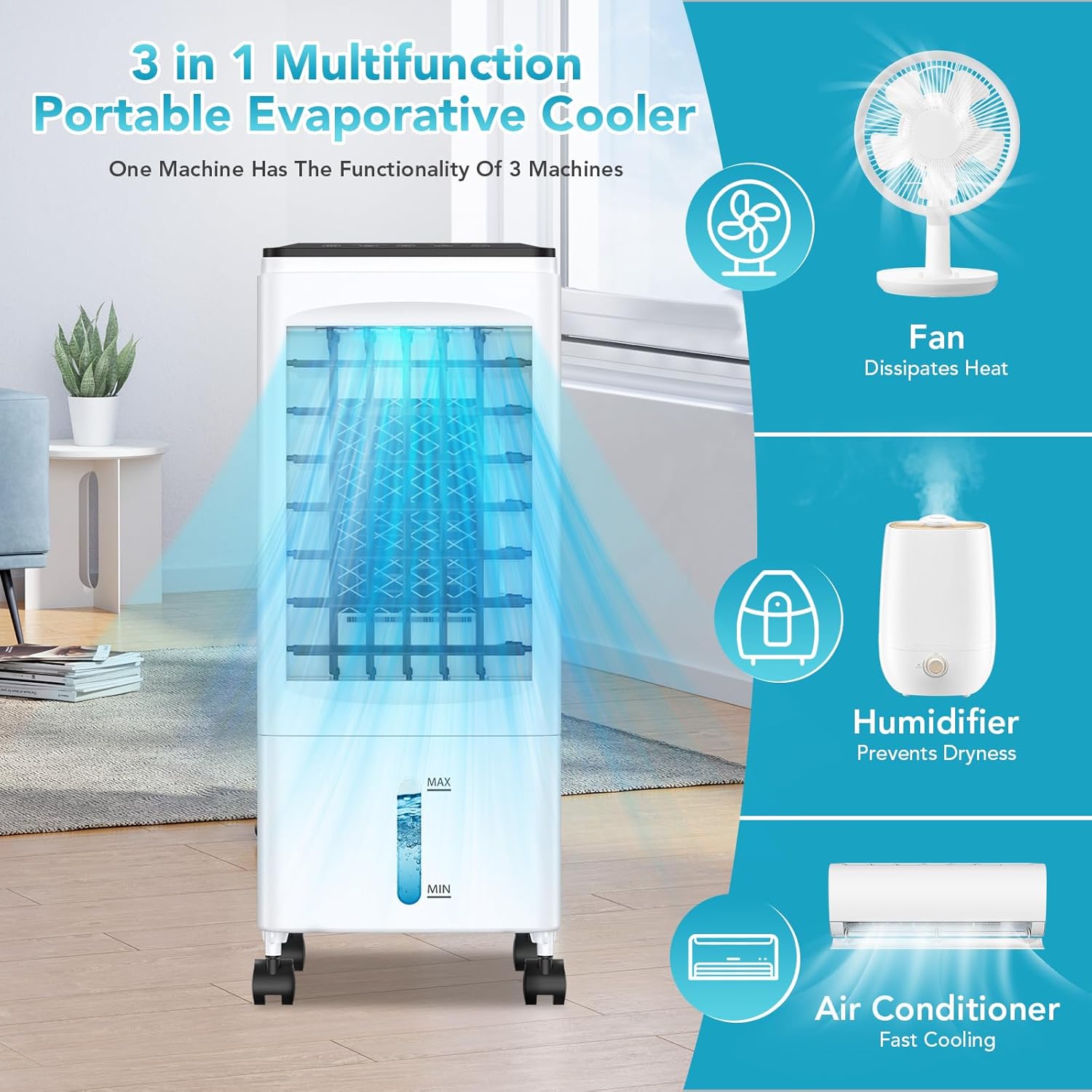 Evaporative Air Cooler, 3-in-1 Portable AC Cooling Fan 3 Modes 3-Speed with Remote, 3 Ice Boxes, No Window Needed Air Conditioners with 6L Tank for 20H Cooling, for Home, Bedroom, Kitchen, Living Room