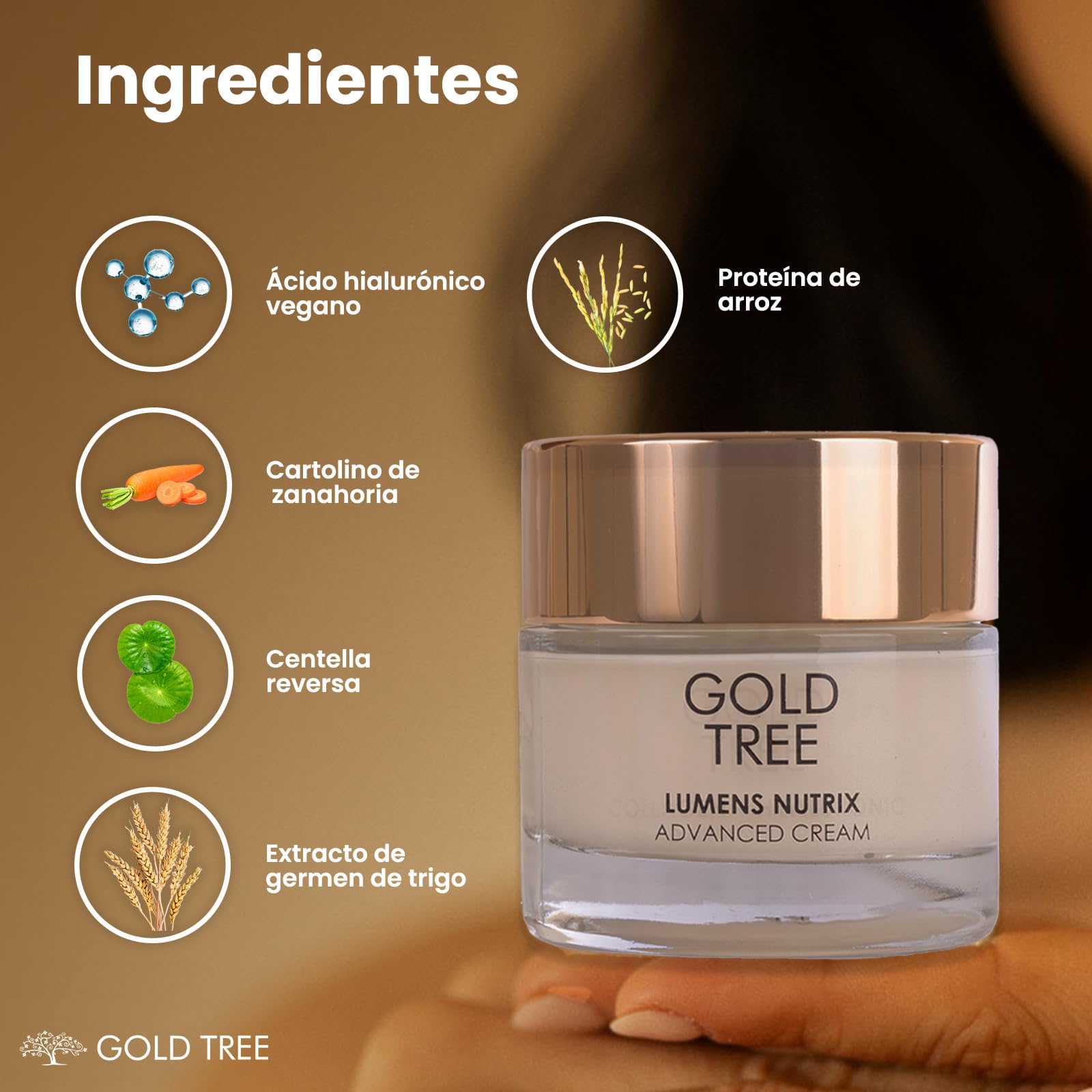 GOLD TREE Crema Antiedad Iluminadora Ácido Hialurónico 4D. Textura Media | Luminosidad, Firmeza y Confort – Piel Madura a Partir de 50 Años – Skincare Día y Noche – 50 ml