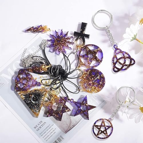 Miniatura 2 de FineInno Molde de resina de 9 formas, nudo de trinidad celta, relámpago, cruz de Ankh, collar de mal de ojo, molde epoxi con 1 cuerda negra, 24