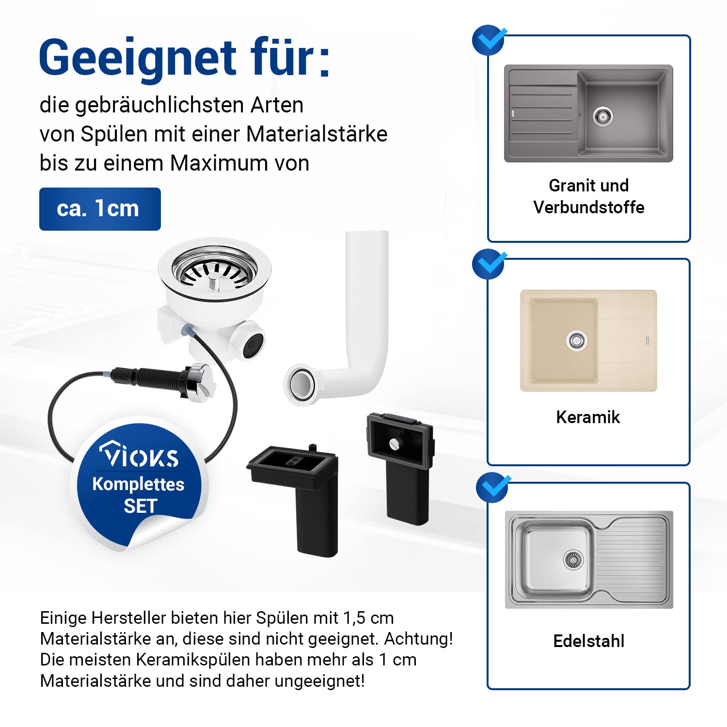 VIOKS Sieb für Spülbecken Set Ø114mm mit Excenterventil und Drehbetätigung/Abflusssieb Küchenspüle & Überlauf/Ablaufgarnitur Waschbecken