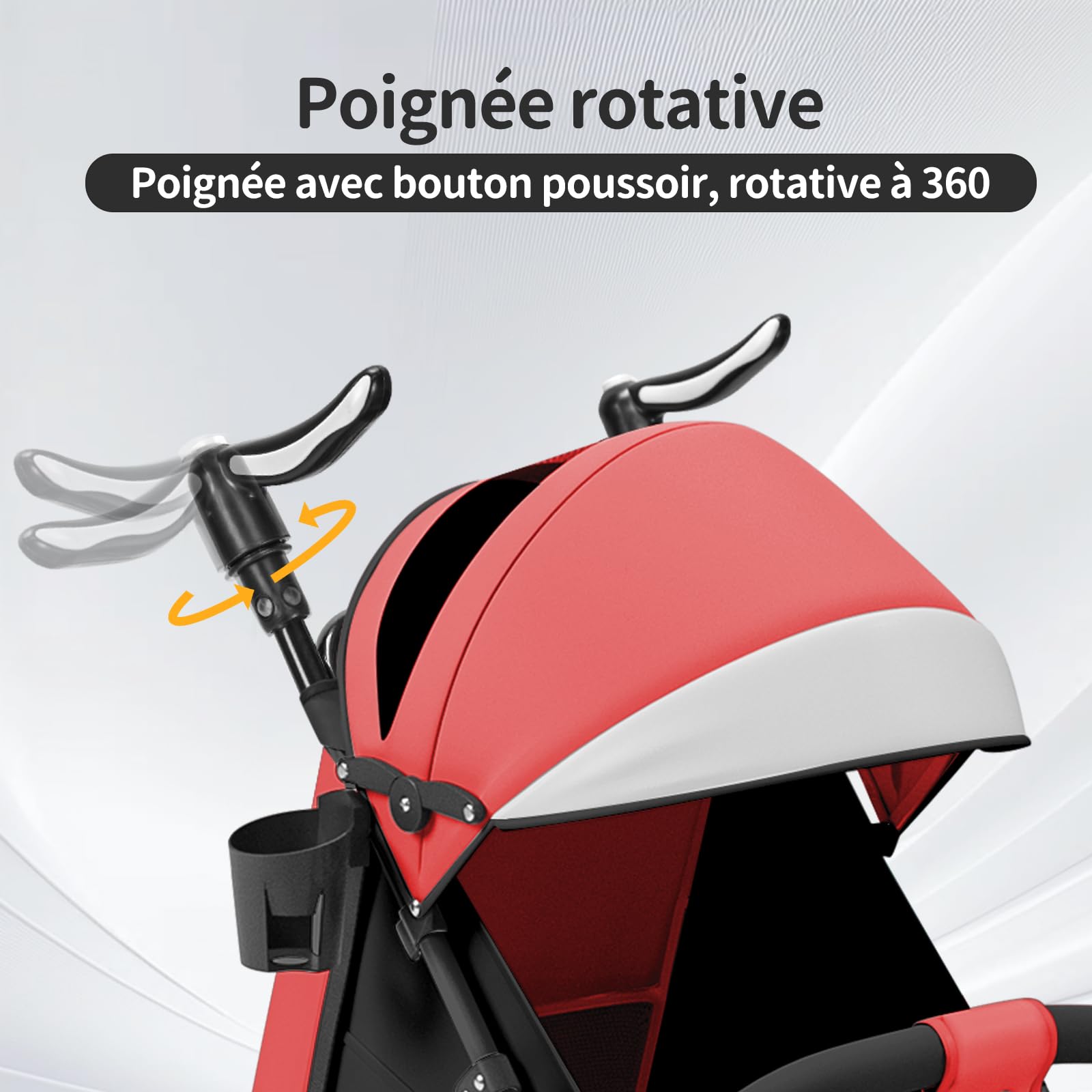 Poussette canne compacte, avec position allongée, de la naissance à 4 ans (Jusqu’à 25 kg), Assis ou couché, Poignée réglable, Landau à 4 roues avec tapis en coton + moustiquaire - 47*72*97CM - Rouge