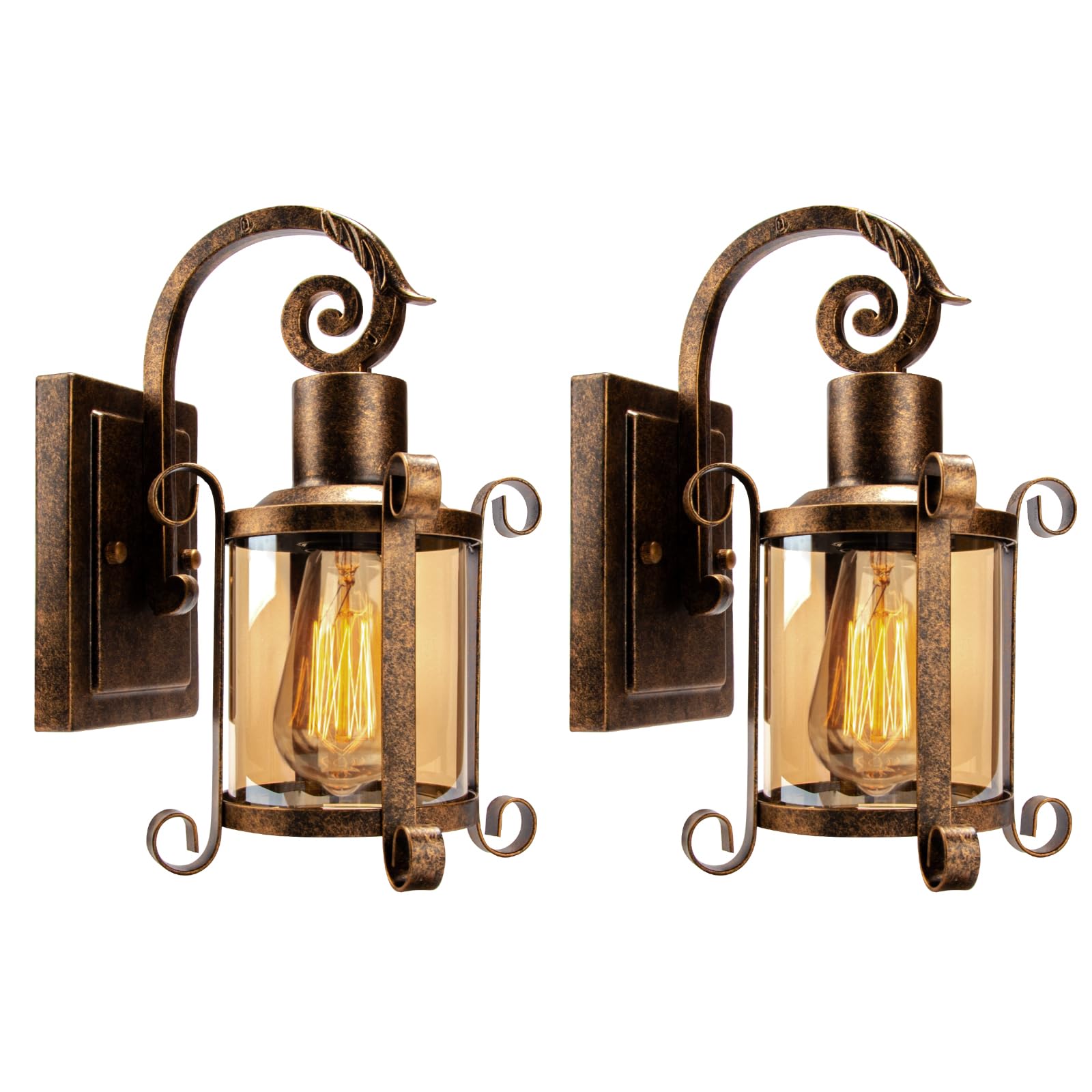 Plfann Rustic Interior Amber Glass Wall Sconce 2-Pack, Bronze Brushed, Industrial Lamp Porch Lighting Waterproof Retro Lamp for Indoor Bedroom Living Room OutdoorοΌNO BulbοΌ