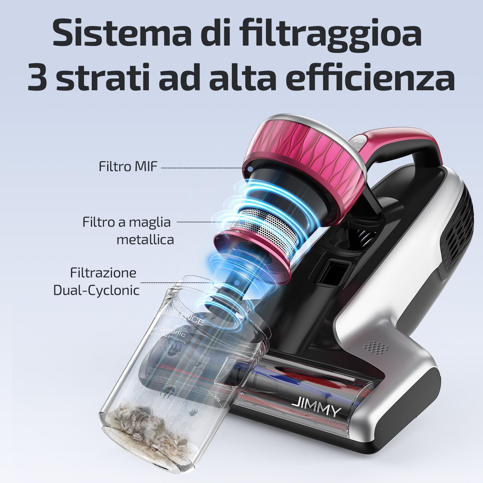 Jimmy WB73 Aspiratore Battimaterasso Antiacaro, Potenza 600W,Aspirapolvere Materassi con Sterilizzazione UV, Sensore per Acari Della Polvere, Filtro HEPA, Sistema di Filtrazione Dual-Cyclonic