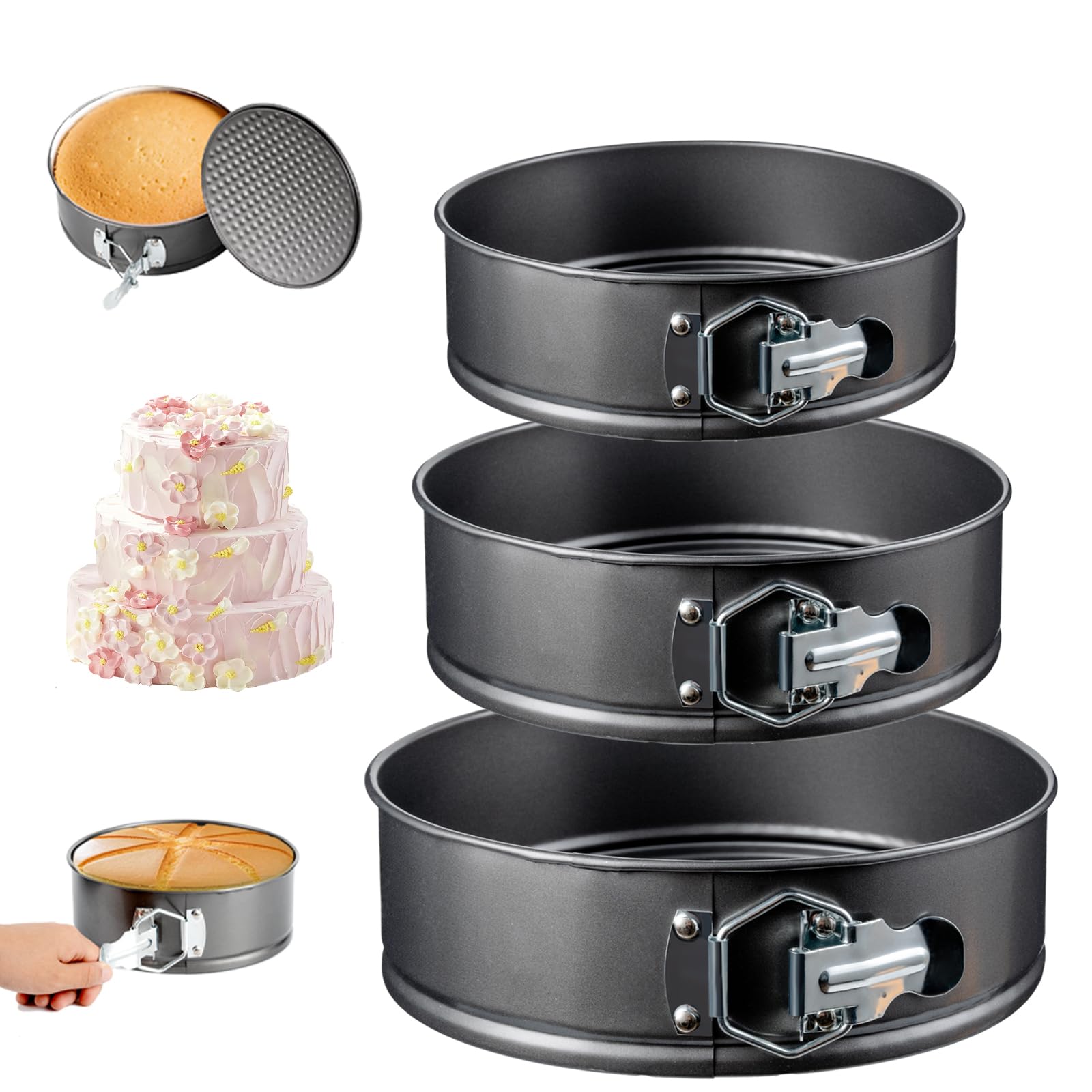 Ensemble de moules à charnière – 3 moules à charnière ronds antiadhésifs (17,8 cm, 20,3 cm, 22,9 cm) – Moules à gâteau essentiels pour gâteaux au fromage, mousse et gâteaux en couches