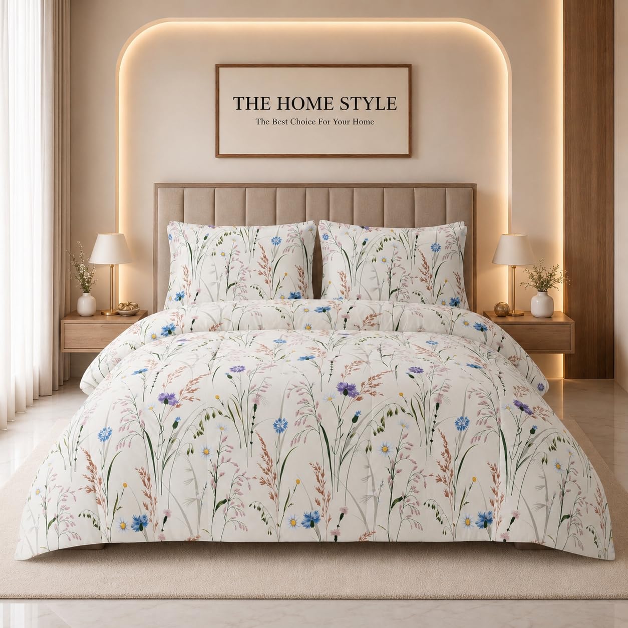 THE HOME STYLE Supersoft Glace Cotton Elastic Fitted All Around King Size Printed Double Bedsheet with 2 Pillow Cover & King Size Comforter/Duvet/Blanket (72"x78" + Comforter, Ivory Wildflower)