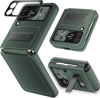 Miimall Compatible for Samsung Galaxy Z Flip 3 Kickstand Case, Camera Screen Protector + Hinge Protection + Slim Luxury Leather Case with Kickstand for Samsung Galaxy Z Flip 3 5G 2021 Green