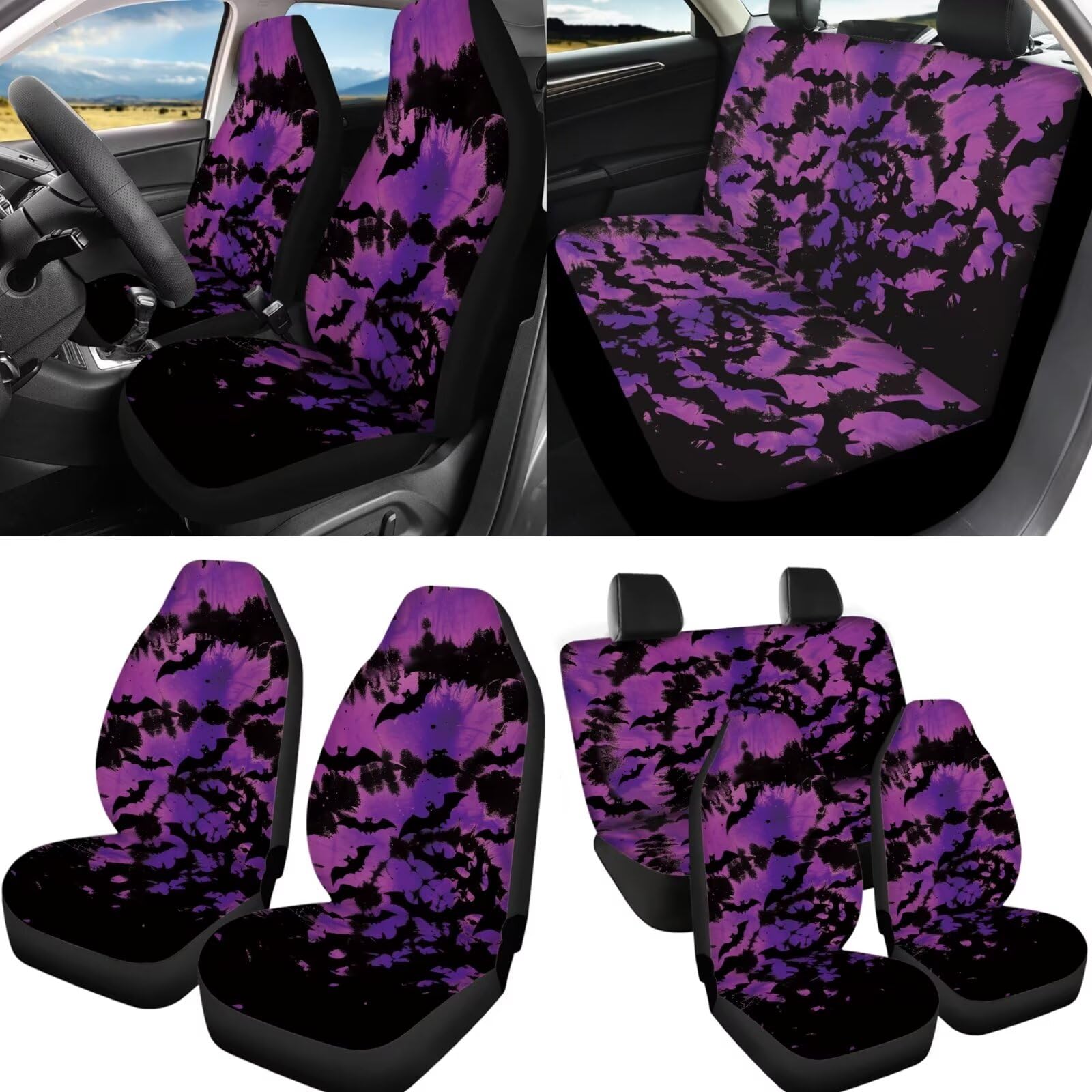 Set completo di 12 coprisedili per auto, motivo pipistrello, coprivolante + sottobicchiere + portachiavi + braccioli imbottiti, per donne e uomini, universale, per interni automobilistici,