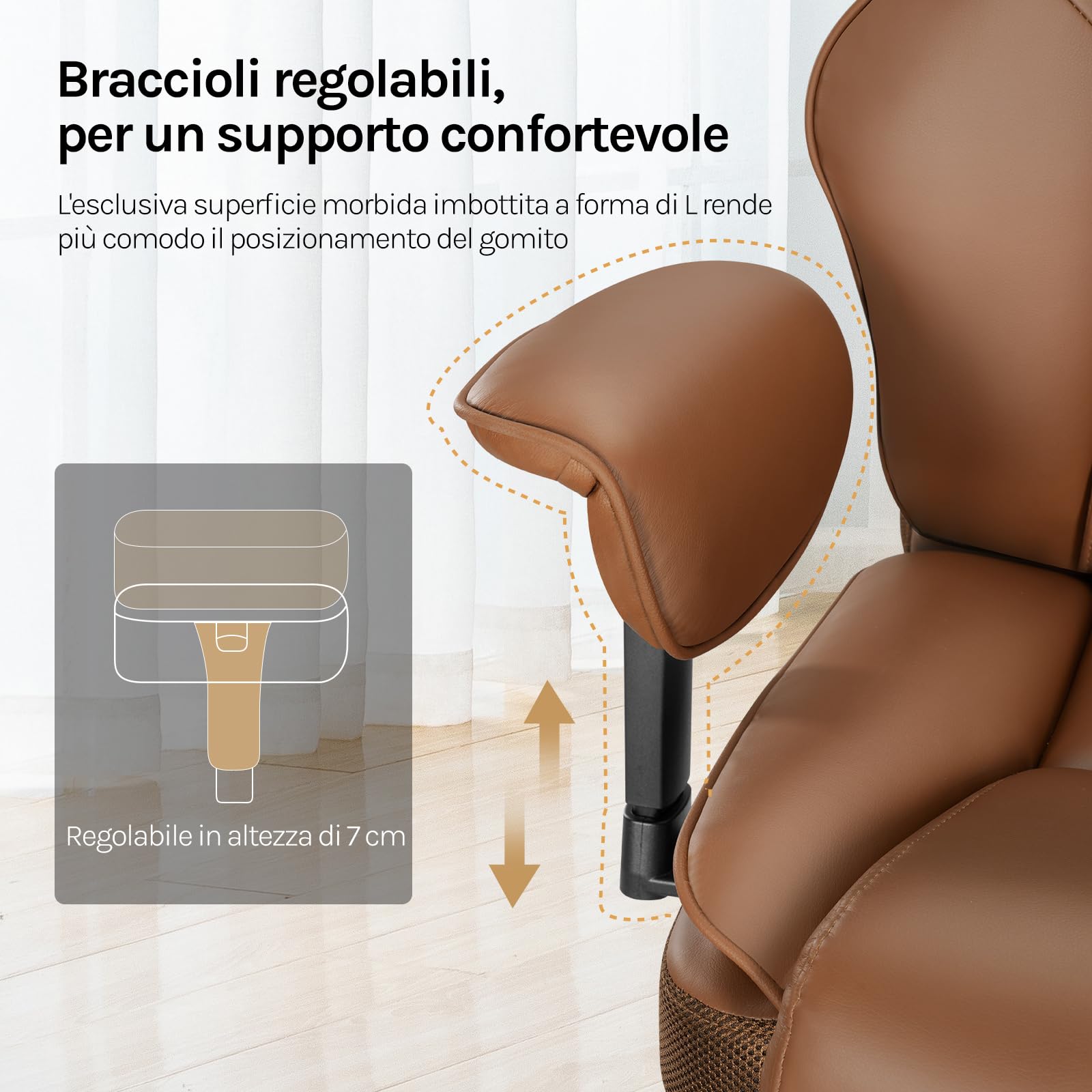 WOLTU Sedia da Ufficio Regolabile in Altezza, Poltrona Ufficio, PU Marrone | con Poggiatesta, Cuscino Lombare, Poggiapiedi Retrattile, Braccioli Regolabili, Funzione Dondolo, per Ufficio e Casa