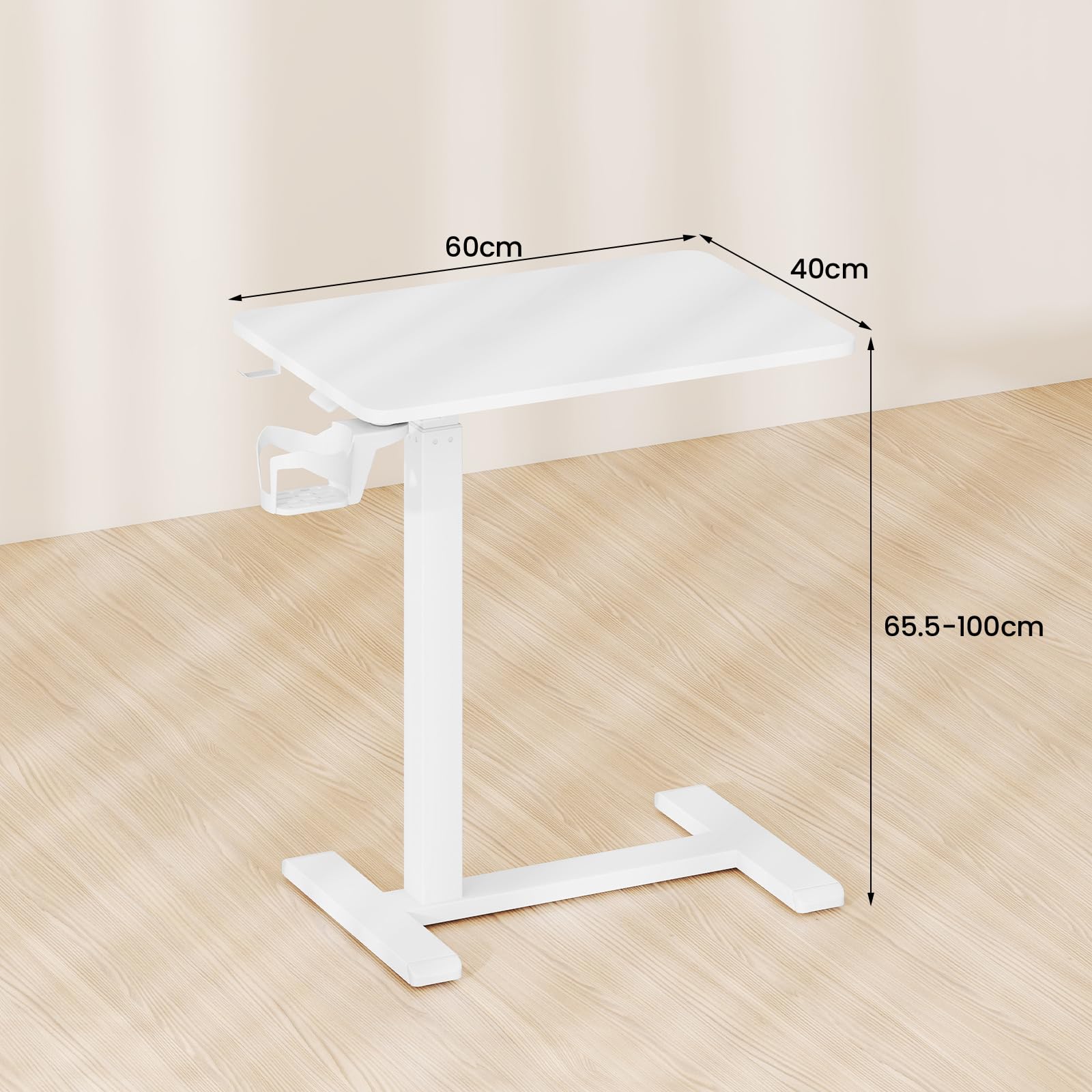 LIFEZEAL Mesa Auxiliar para Sofá en Forma de C, Altura Ajustable, Mesa Lateral para Cama, con Ruedas Ocultas, Soporte para Bebidas, Ganchos para Auriculares (Blanco)