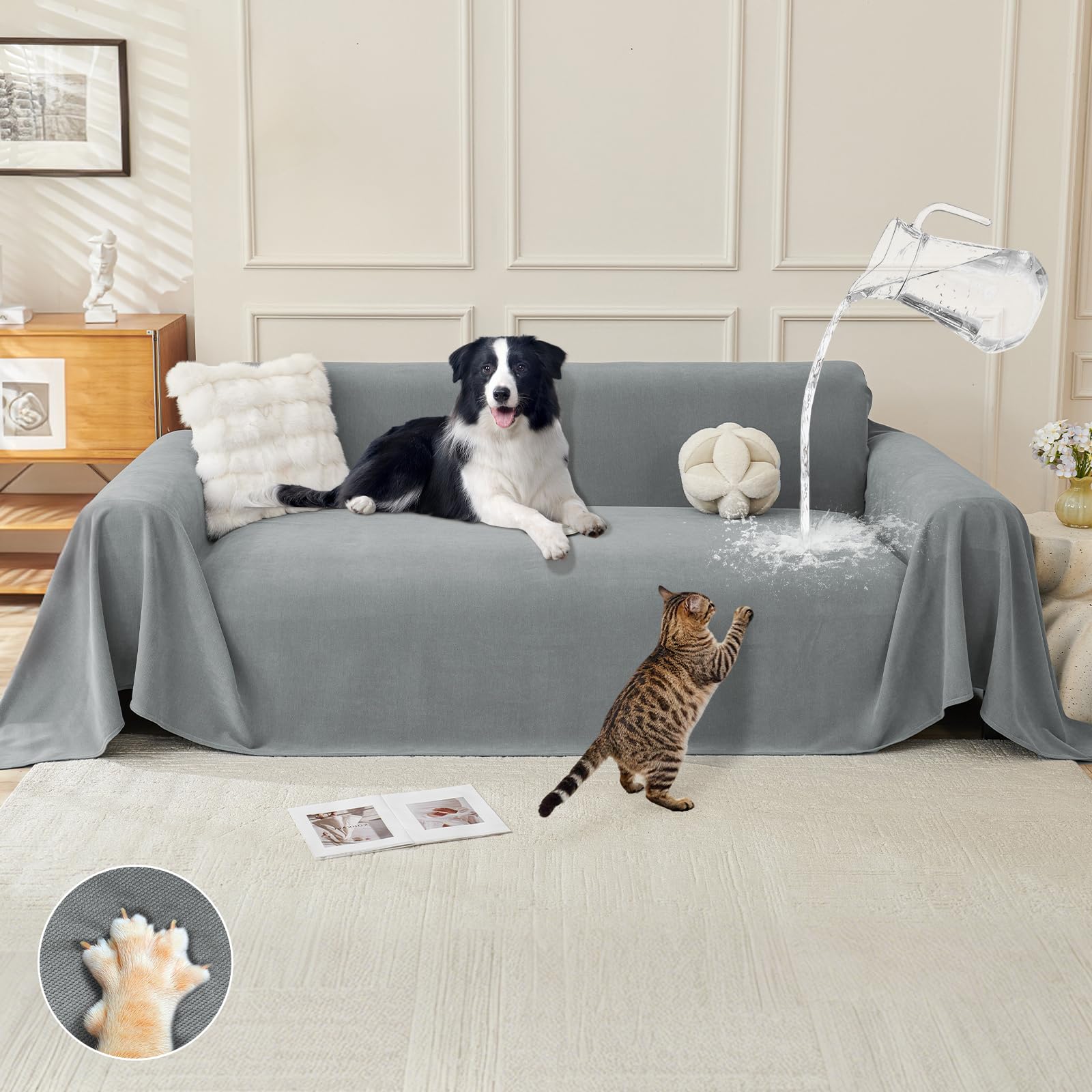 Royhom Waterproof Sofa Cover 4 Seater, Washable Couch Covers for Dogs, Waterproof Sofa Protectors from Pets, Anti Scratch, Soft, Breathable, All-season Universal (Grey, 180x380cm)