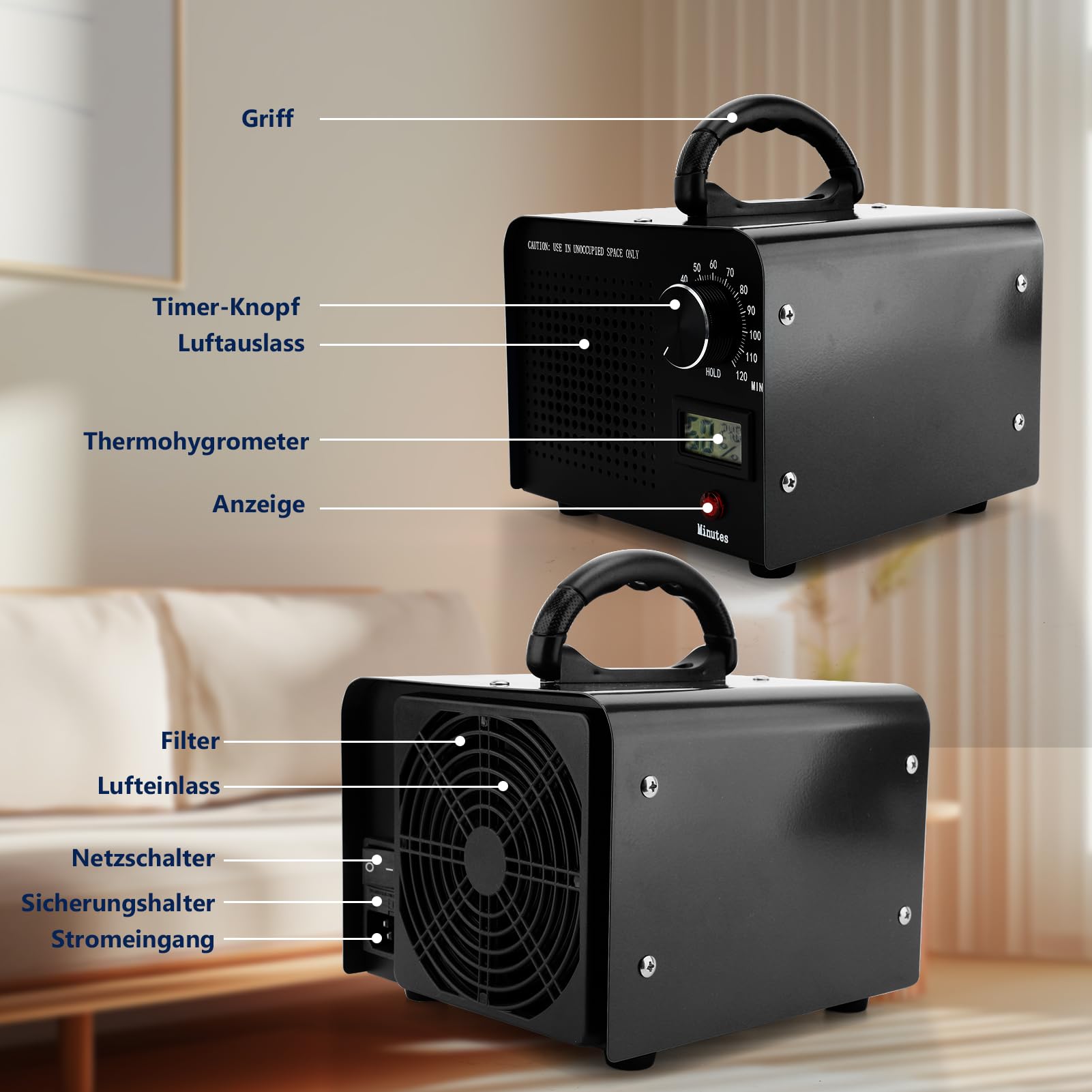 40000mg/h Ozongenerator, O3 Industrielle Ozongerät mit 120 Min Timer für Autos, Wohnungen, Rauch, Haustiergerüche und Beseitigung von Küchengerüchen(Schwarz)