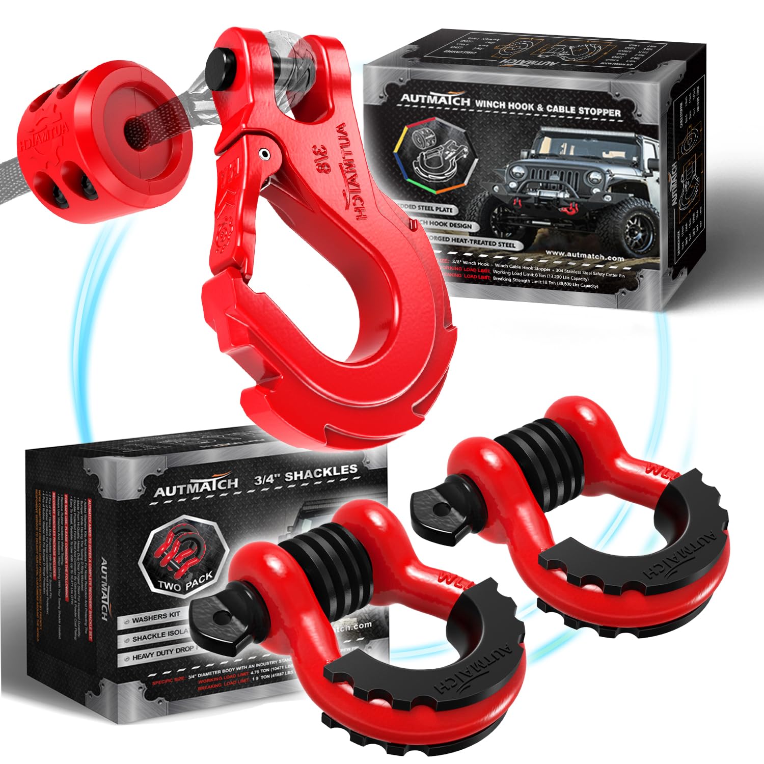 AUTMATCH 3/8" Winch Hook with Winch Cable Hook Stopper, 3/4" D Ring Shackles - Grade 70 Forged Steel Clevis Slip Hook Work for Winch Rope, ATV, UTV, Off Road Vehicle, Red