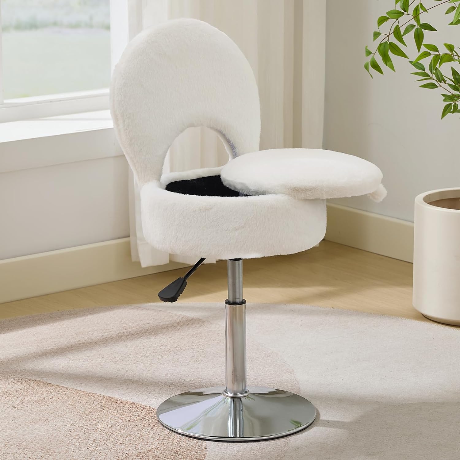 Small White Vanity Stool Chair with Storage Ottoman Adjustable Vanity Chair with Folding Back, Makeup Ottoman Stool for Vanity Chrome Finish