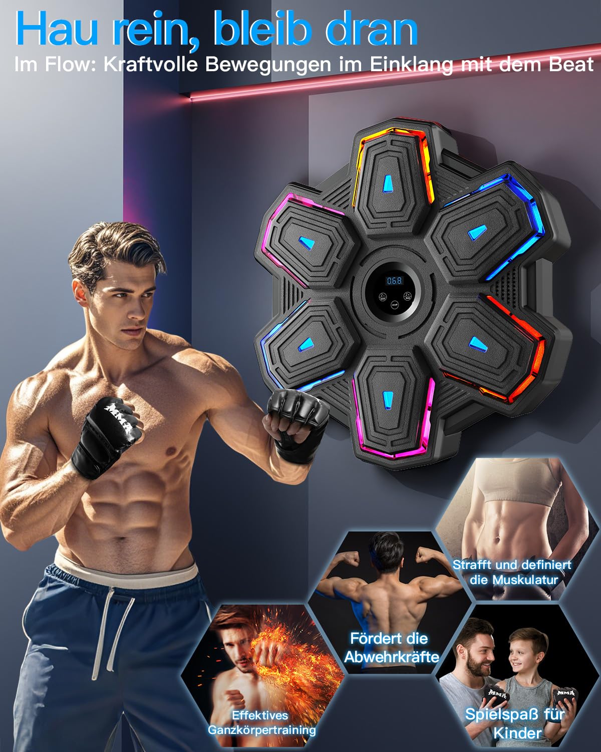 Music Boxing Machine, Cloudlike Weiche Ziele, 10 Geschwindigkeit und 9 Modi mit Boxhandschuh, LED-Licht mit Smart Bluetooth für Erwachsene und Kinder Übung