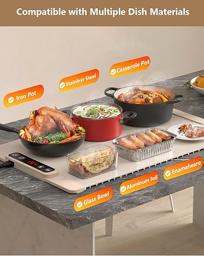 Miniatura 6 de Bandeja de calentamiento eléctrica, tapete de calentamiento de alimentos con 5 controles de temperatura ajustables, calentador de alimentos plegable