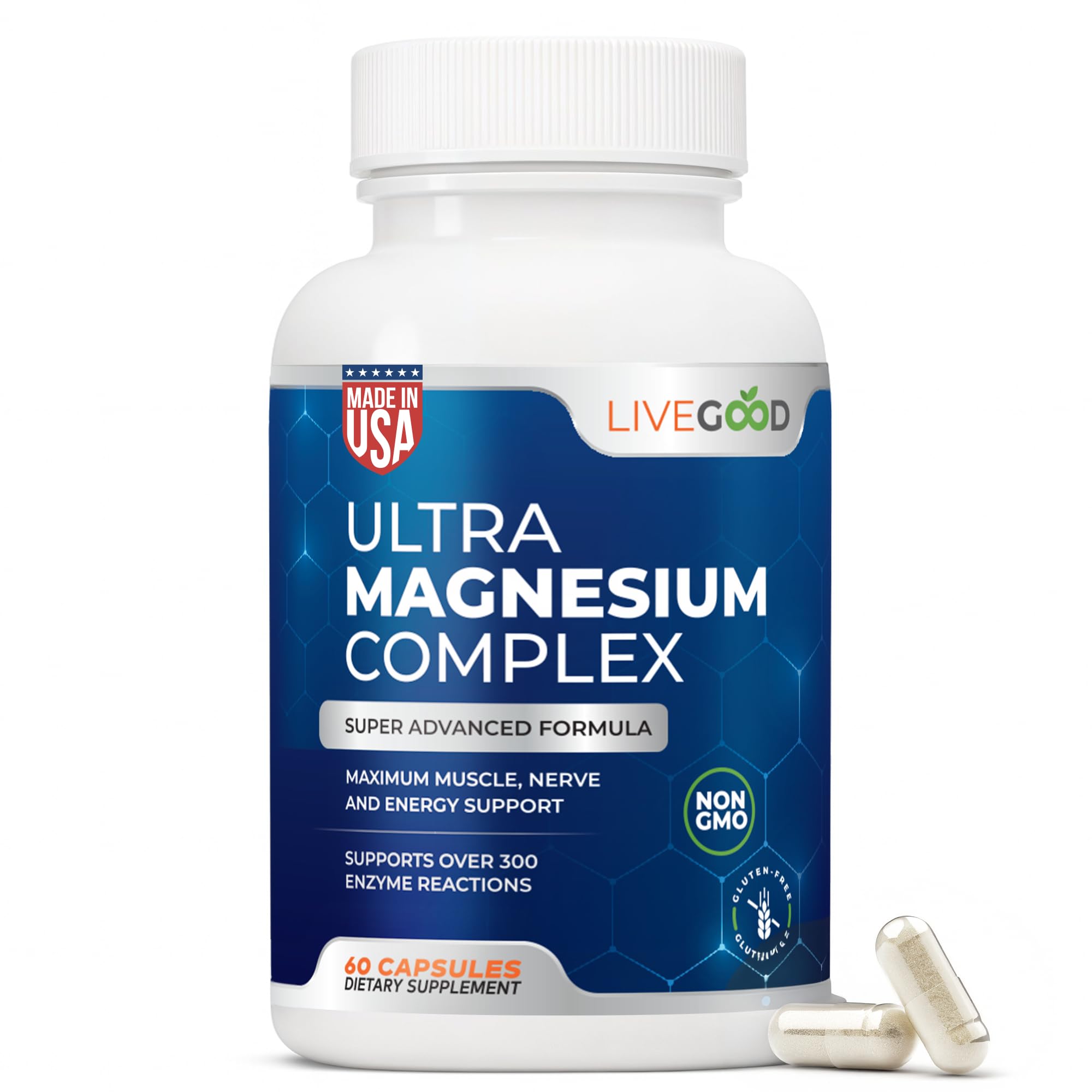 LiveGood™ Ultra Magnesium Complex, Organic Magnesium Glycinate and Gluconate for Muscle Recovery, Nerve Support & Relief – High Absorption Supplement, Vegan, Non-GMO, Made in USA, 60 Capsules