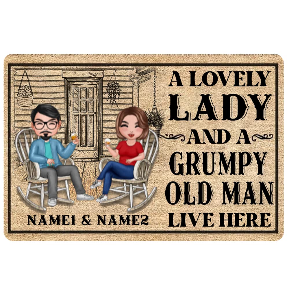 Personalized A Lovely Lady and A Grumpy Old Man Live Here Mat Birthday Gift For Wife From Husband Doormat Gift For Camping Lovers, Birthday Gift For