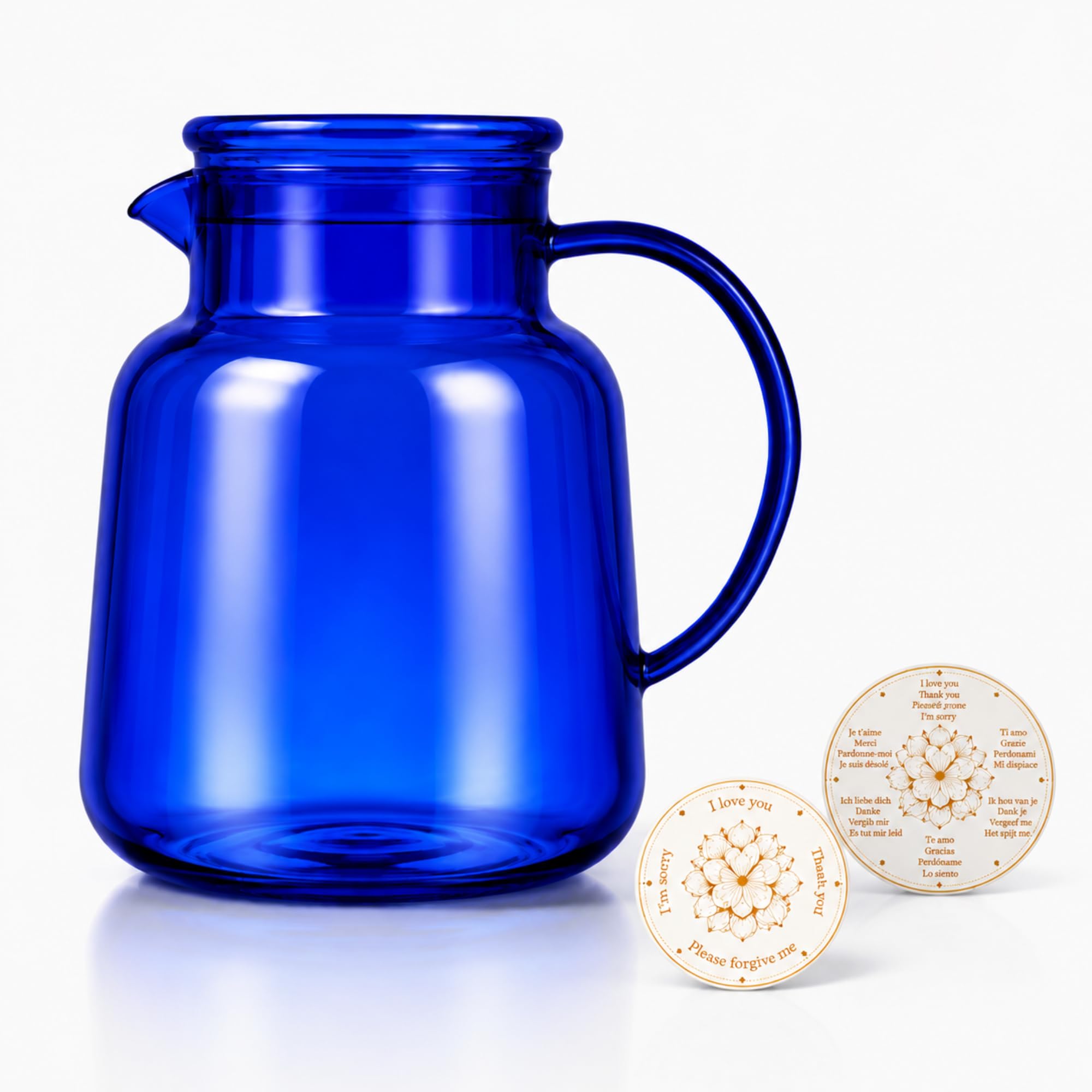 QITIUNLXY 2L Blue Glass Water Bottle with Handle, Large Cobalt Blue Glass Jug for Drinking Water, Home Décor and Wellness Spaces, Includes 2 Inspirational Decal Designs