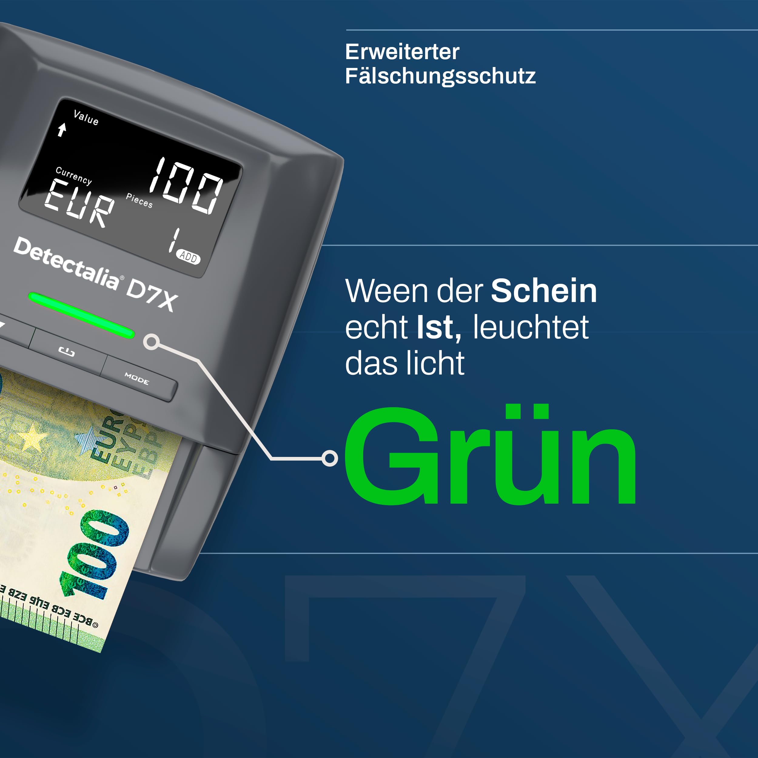 Detectalia D7X Geldscheinprüfer und Geldzählmaschine Einzeln - Falschgeld prüfgerät mit 7 Erkennungsprüfungen fur euro, gbp, chf, pln, czk und sek