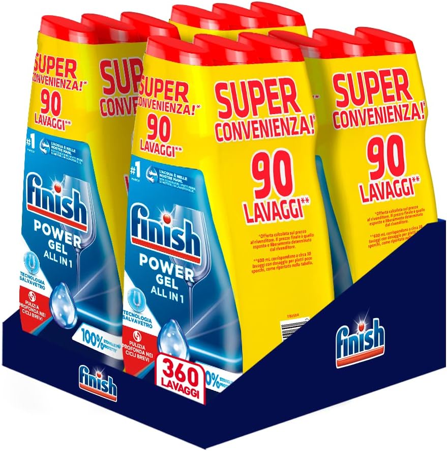 Finish Powergel Liquid Dishwasher Detergent, Multiaction, 100 Percent Dishes More Protected, 360 Washes, 12 Packs of 30 Washes, Multicoloured, 600 ml (Pack of 12)