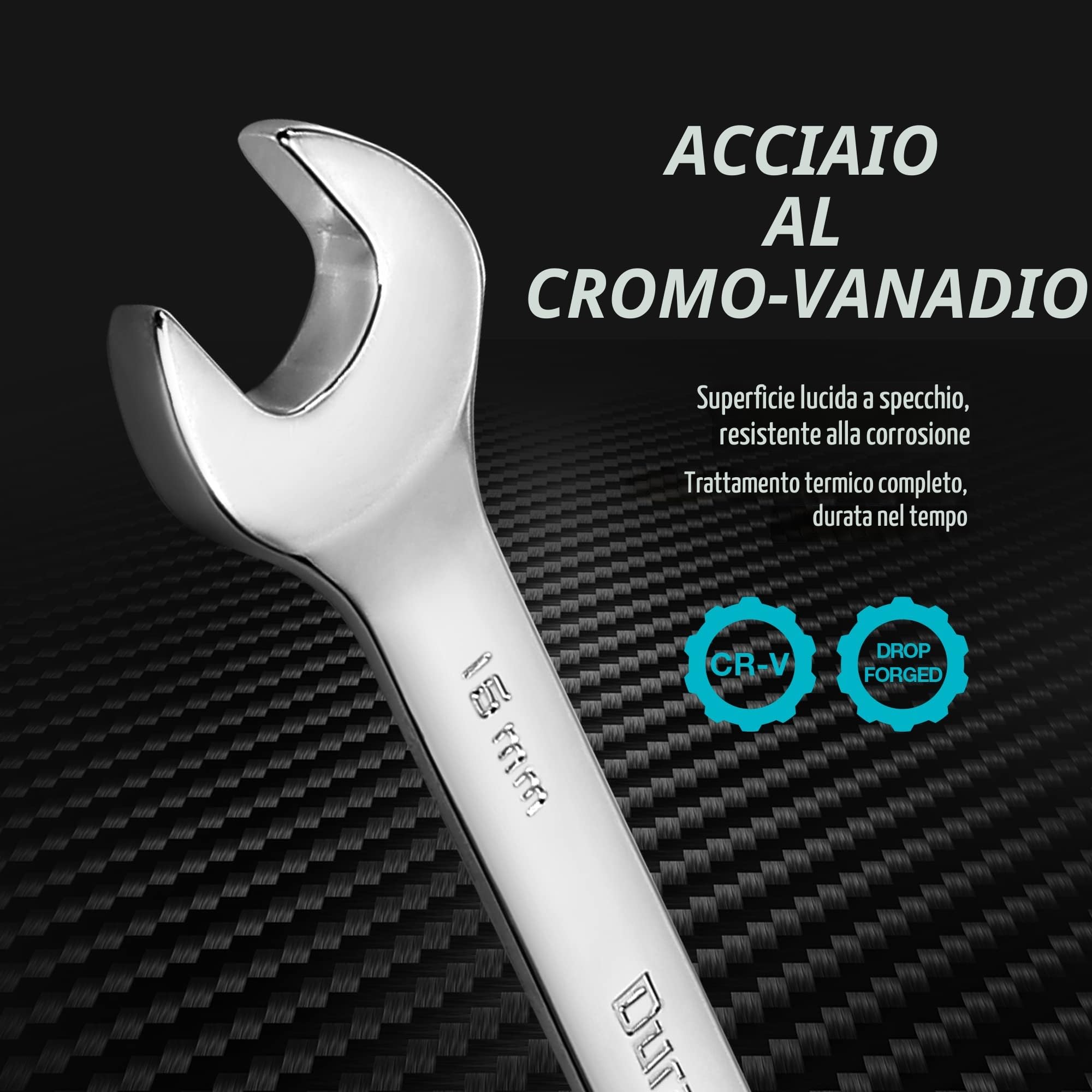 DURATECH Set di chiavi a cricchetto con testa flessibile, 12 pezzi, con cricchetto a 72 denti, acciaio al cromo vanadio, metriche, 8-19 mm
