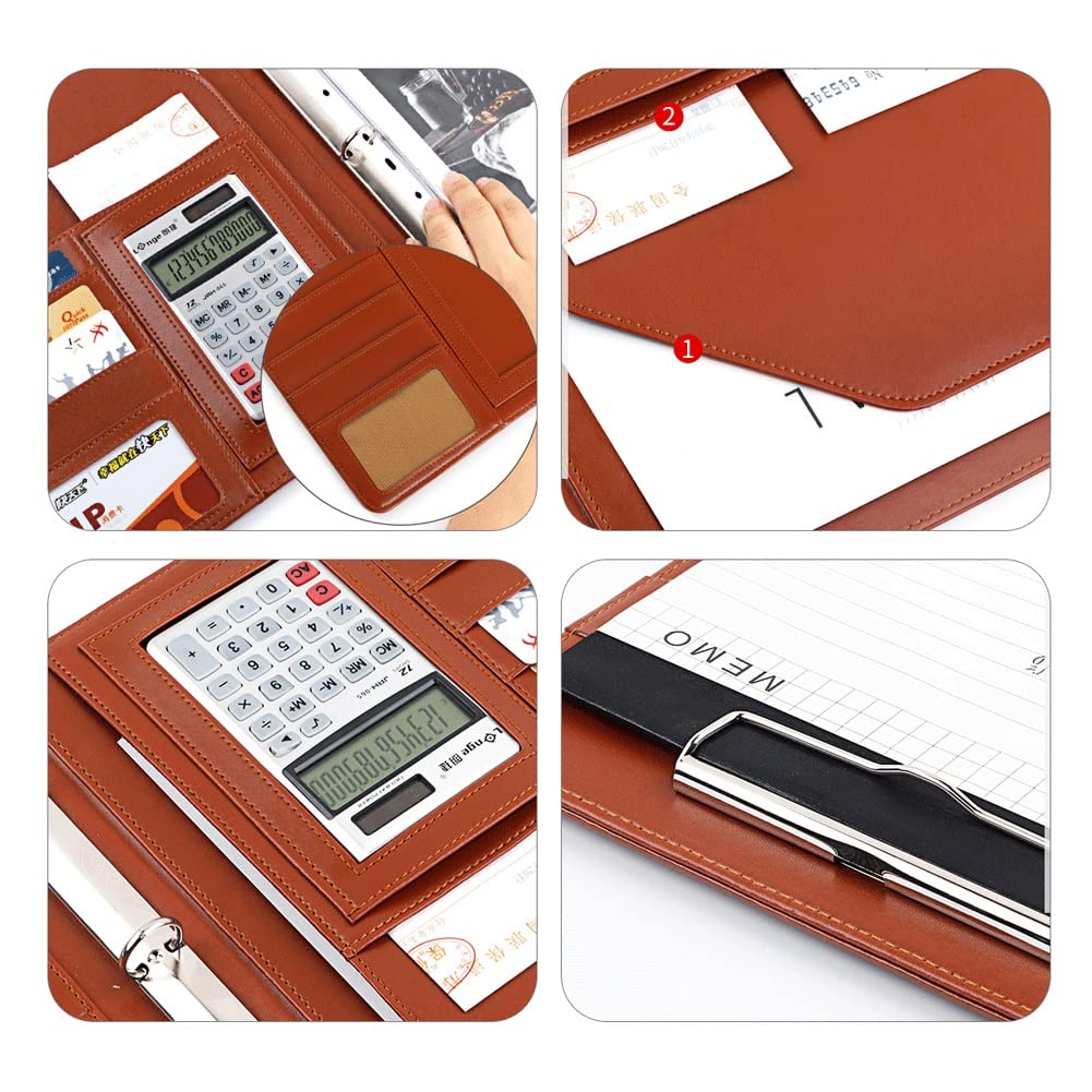 Cartella Portadocumenti A4 Porta Documenti In Pelle Business Portfolio Padfolio Cartelle Raccoglitore Ad Anelli Lavoro Ufficio Conferenza Riunione(Black+calculator)