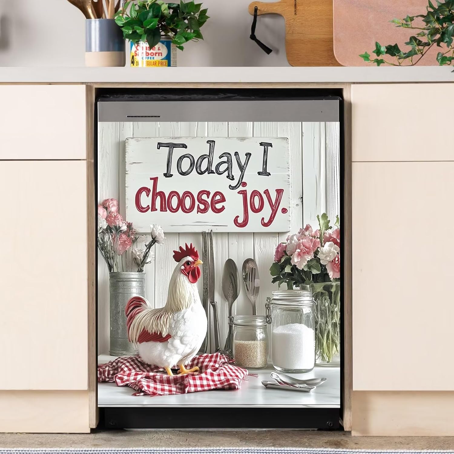 Today I Choose Joy Magnetic Dishwasher Cover, Rooster Seasoning Bottle Flower Fridge Door Cover Magnetic, Dishwasher Magnets Art Skin Panel Decal, Home Decor Decal 23" x 26"(Magnetic)