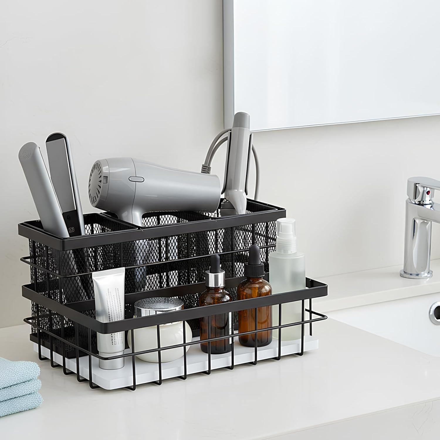 AceOrbit 1 Pcs 1pcs Hair Tool Organizer Countertop Breathable Metal Bamboo Hot Tools Vanity Organizer Under Sink Bathroom Hair Dryer Holder Countertop Brush Comb Holder Tray (White Bamboo,Black)