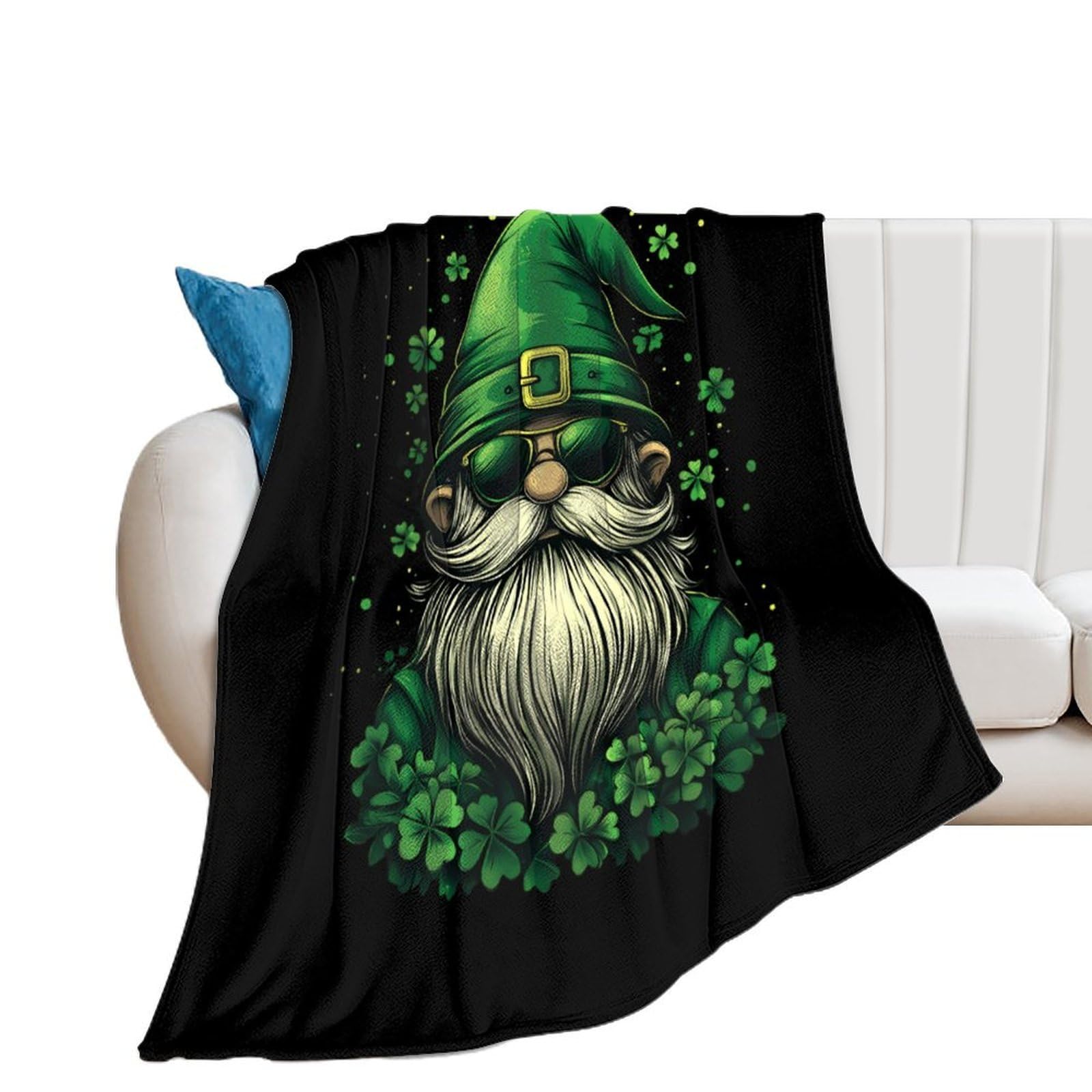 Manta de franela de San Patricio con diseño de gnomo y tréboles, manta de invierno personalizada ligera y cálida para cama y sofá, 76 x 100 cm
