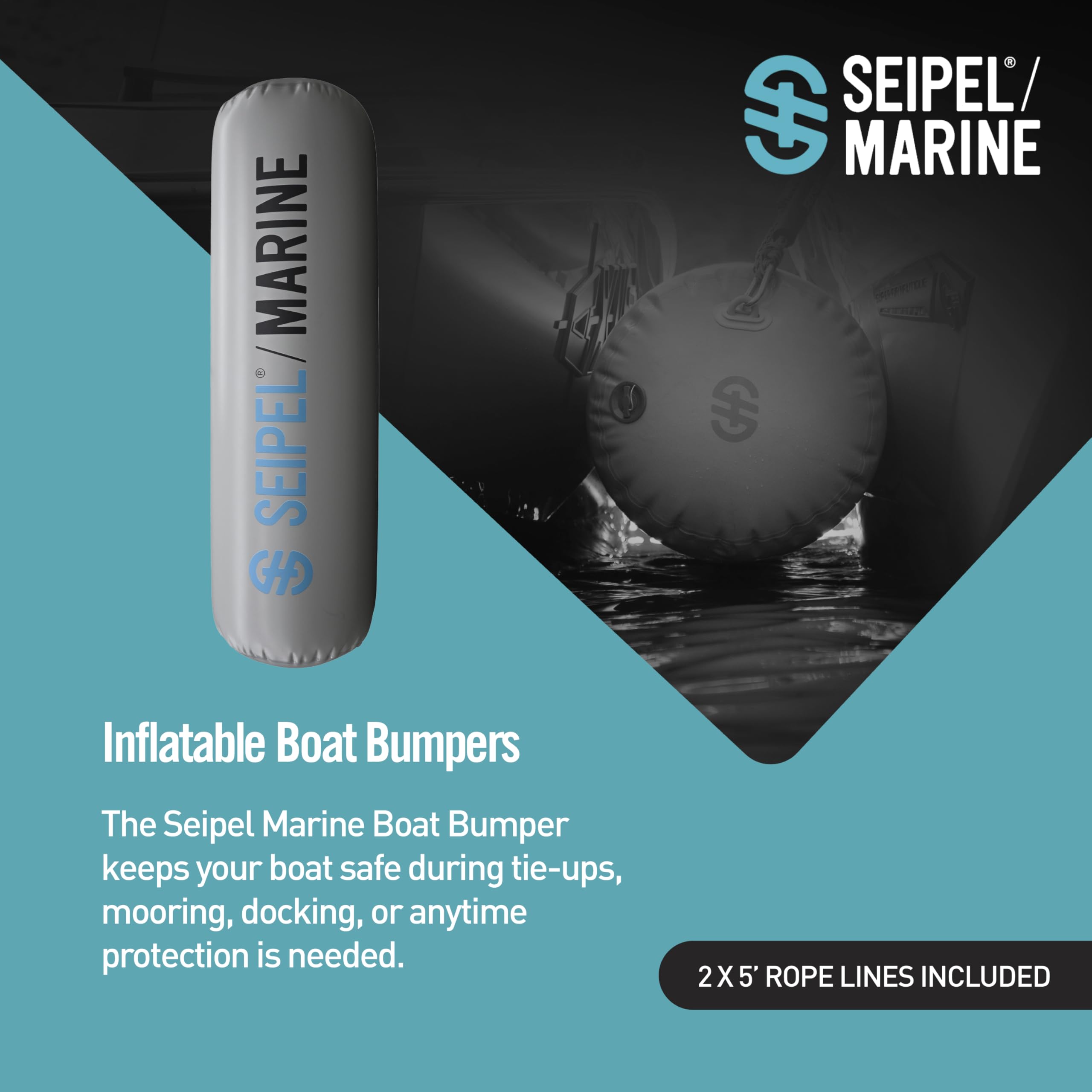 Seipel Marine Boat Bumper - Inflatable Dock & Tie-Up Protection - Durable UV Material - Double Welded Seams - Easy Setup - Includes Tie-Down Cleats & Ropes - 15 Ft - Gray