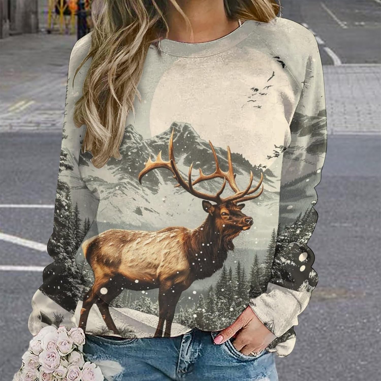 ZOCAVIA Womens Moose Forest Sweatshirts Fall Fashion Long Sleeve Crewneck Pullover Tops Vintage Deer Graphic Shirts Oversized - Image 2