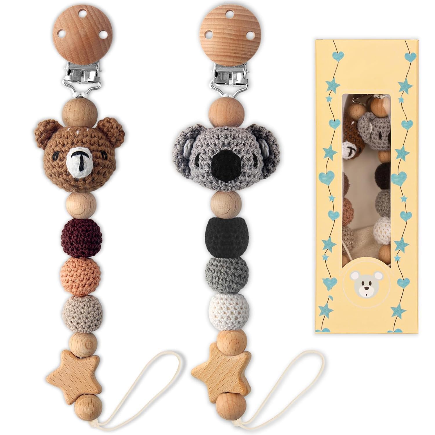 LSTRAGY Pacifier Clip, 2 Pack Pacifier Clips for Boys and Girls, Cute Koala & Bear Handmade Knitted Pacifier Holder Fits for Most Pacifier, Baby