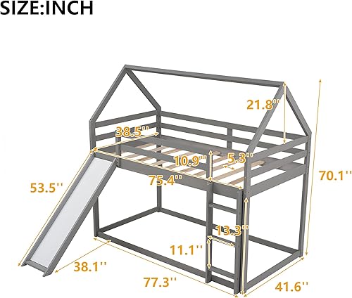 Miniatura 43 de P PURLOVE Litera de casa individual sobre individual con tobogán para niños, adolescentes, litera de madera tamaño individual con techo para sala de