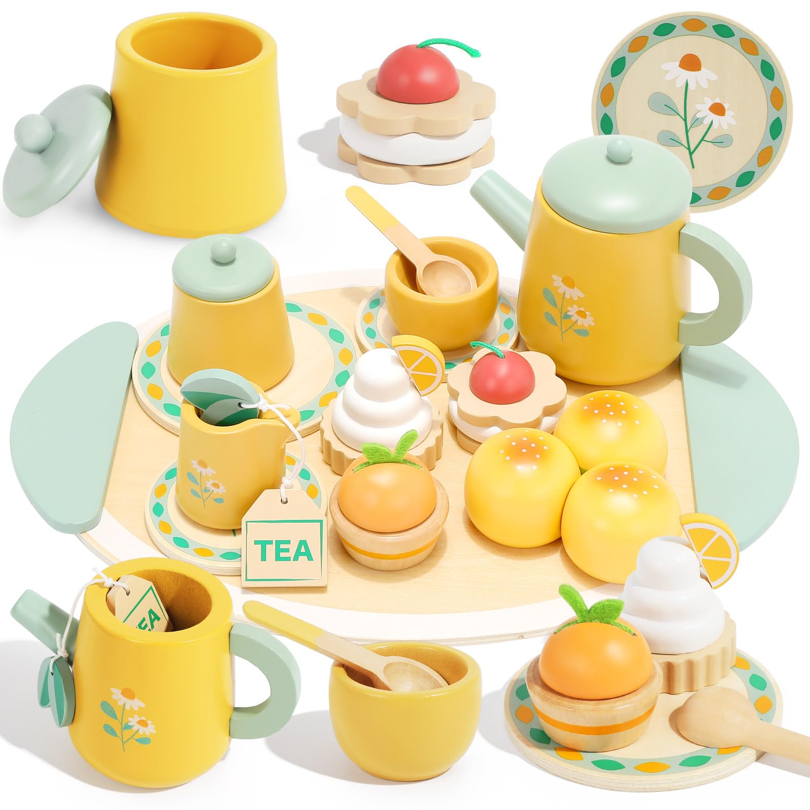 Amazon.com: Wooden Tea Set for Toddlers Pretend Play Kitchen ...