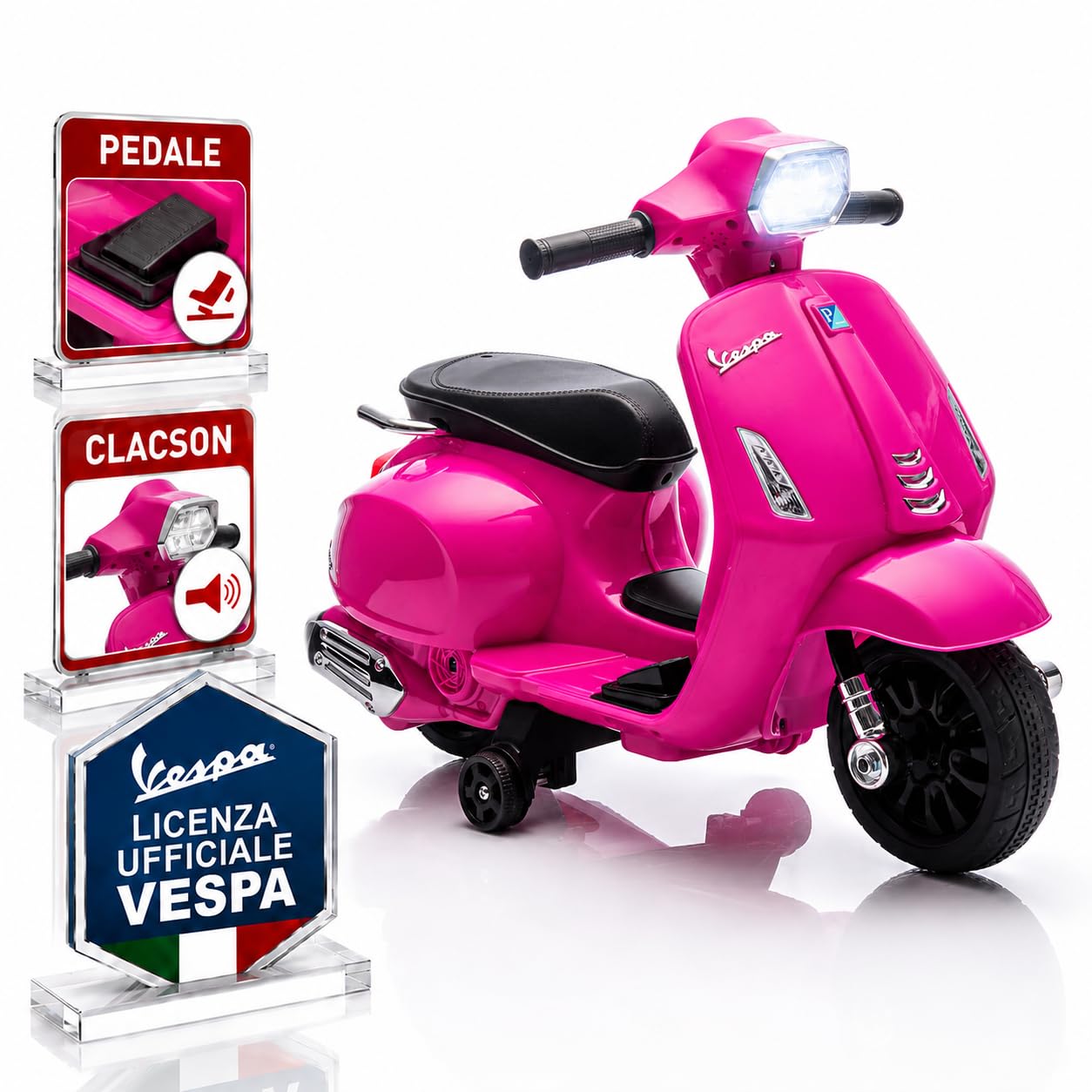TOYSCAR Moto Elettrica Bambini Mini Vespa Elettrica per Bambini 18-36 Mesi, Moto per Bambini 6V con Licenza Ufficiale Piaggio, Luci LED, Clacson, Pedale, Ruote Stabilizzatrici (Rosa)