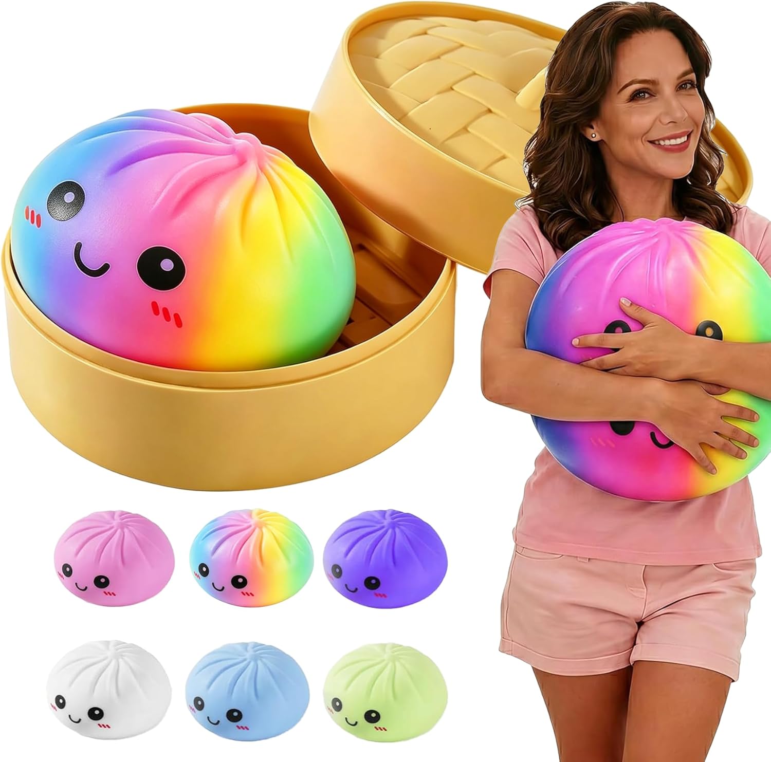 Giant Dumpling Stress Ball for Adults, 4/6/10 Inch Jumbo Dumpling Slow-Rising Hand Squeeze Ball, Soft Desk Stress Relief for Office & Home Relaxation (Cololful M: 15cm/6 Inch)