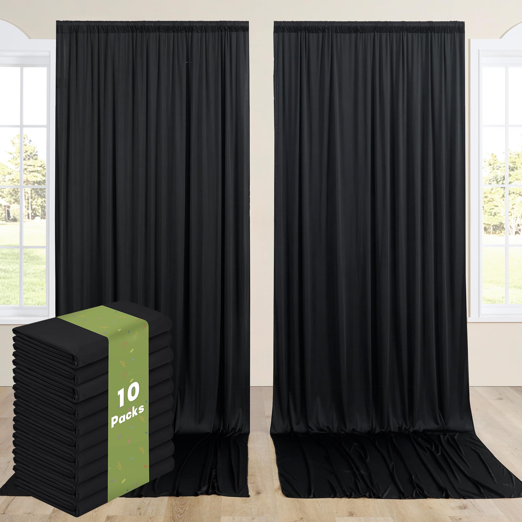 10 Panels 5x12ft Wrinkle Free Black Backdrop Curtains for Parties, Polyester Photo Backdrop Drapes 12 ft Long Back Drop Cloth for Wedding Birthday