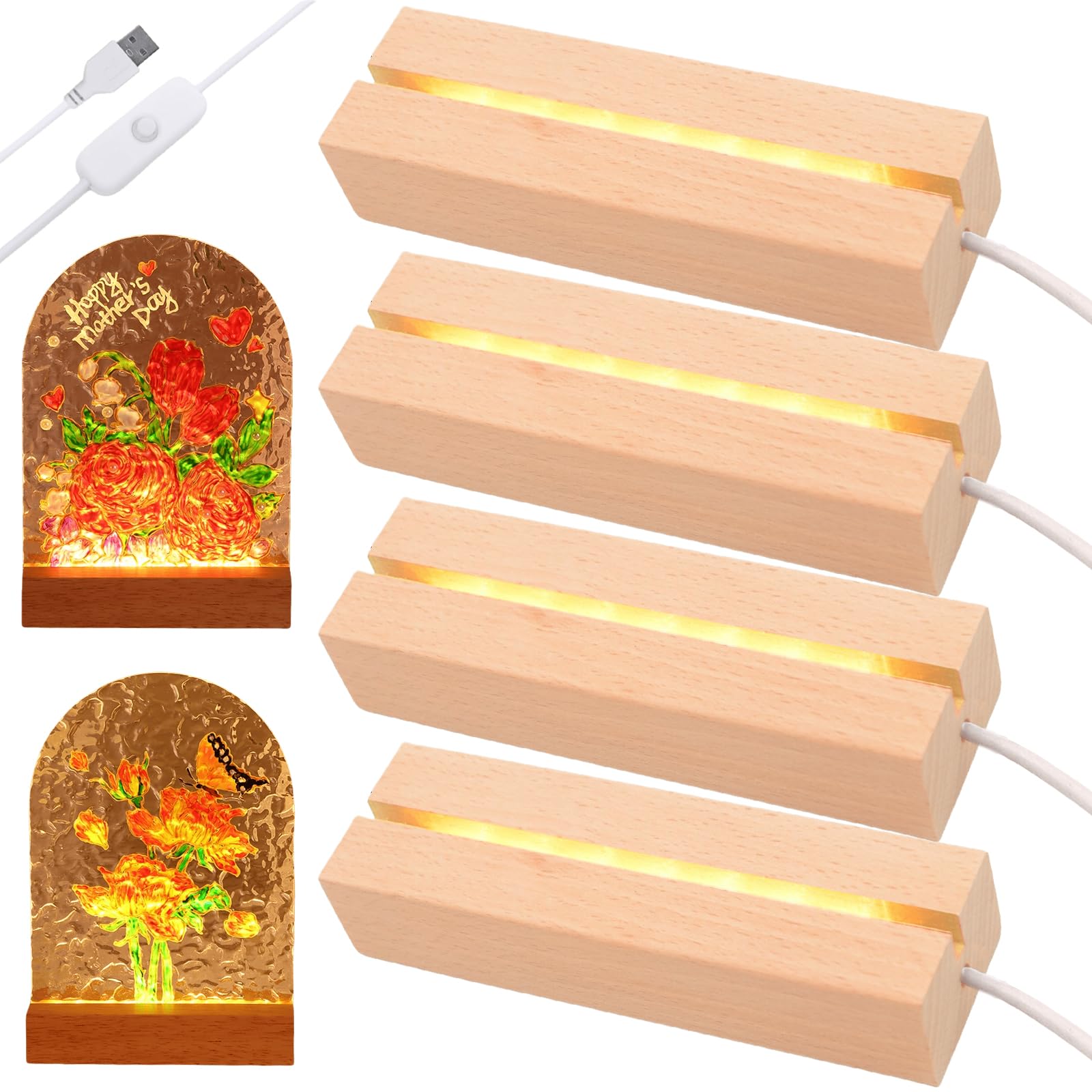 BAIFULAI 4 piedistalli LED in legno, 20 cm, base in legno, base luminosa con interruttore USB, colori caldi, base luminosa, base per display per 3 mm di spessore, piastra in acrilico, cristalli di