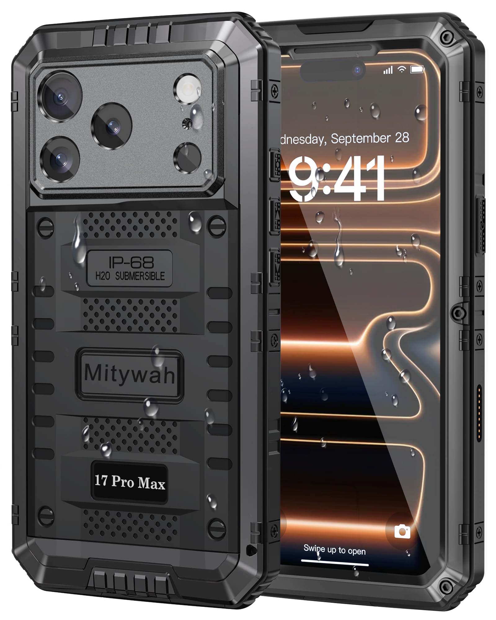 Mitywah for iPhone 17 Pro Max Waterproof Case, Military Metal Case with Built-in Screen Protector, Heavy Duty Full Body Shockproof Rugged Cover 6.9 inch, Black