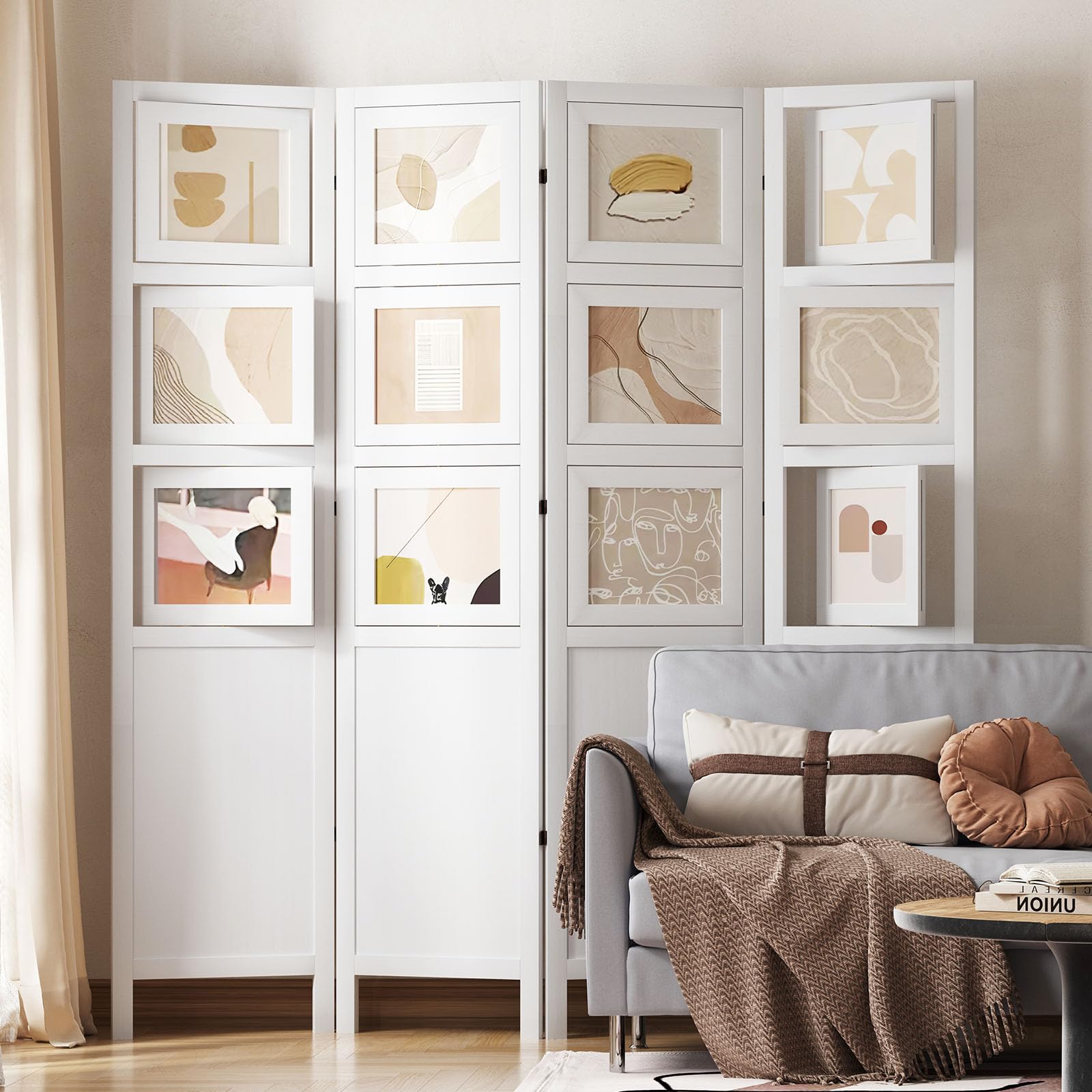 4 Panel Photo Room Divider Freestanding Folding Privacy Screen and Decorative with 16 Frames for Home Office (White)