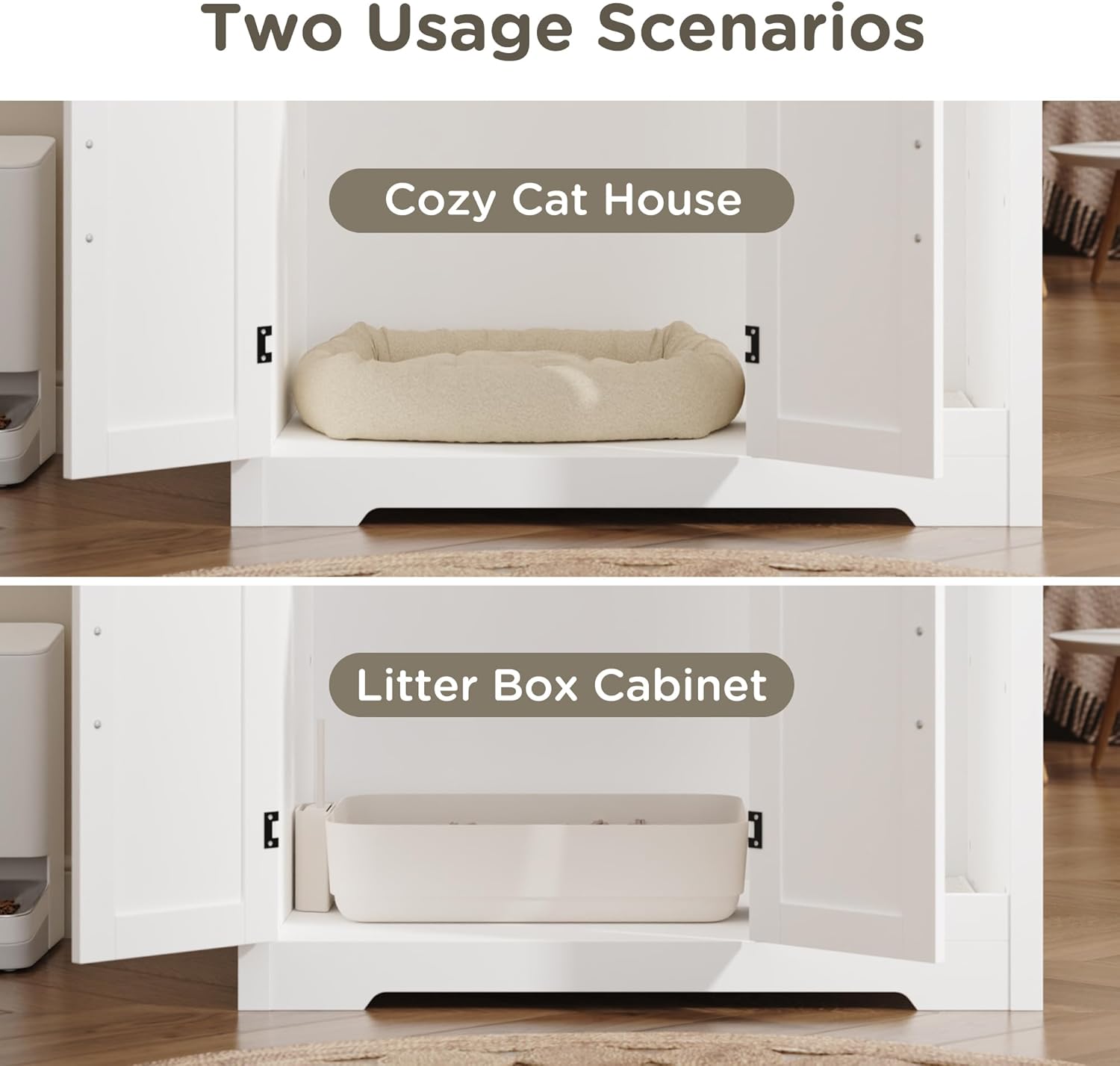 MHOM Large Cat Litter Box Enclosure, Hidden Litter Box Furniture with Scratch Pad and Shelf, Indoor Cats House for Living Room, White