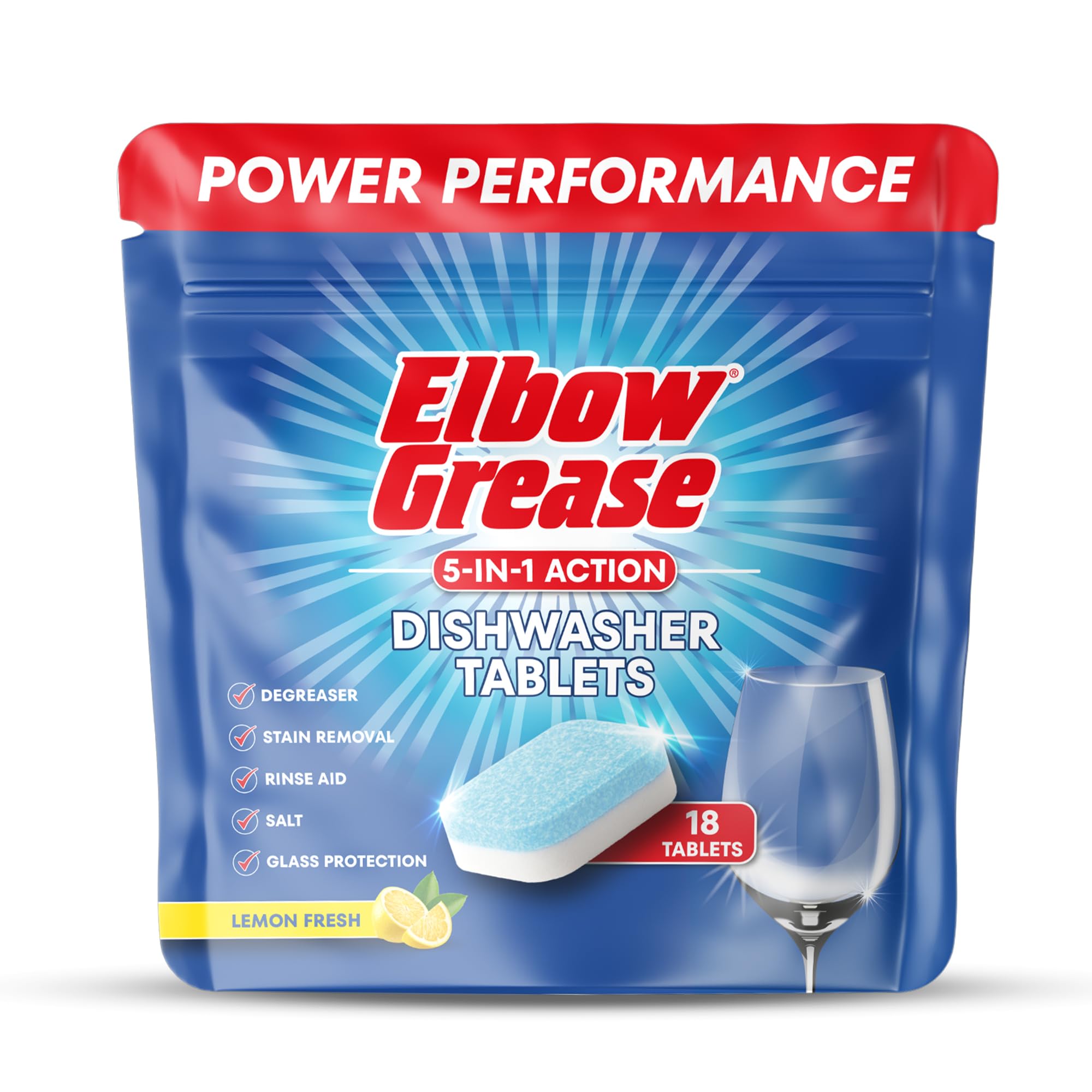 Elbow Grease Dishwasher Tablets | 5-in-1 Action - Degreaser, Stain Removal, Rinse Aid, Dishwasher Salt & Glass Protection (Lemon Fresh, 18 Tabs)