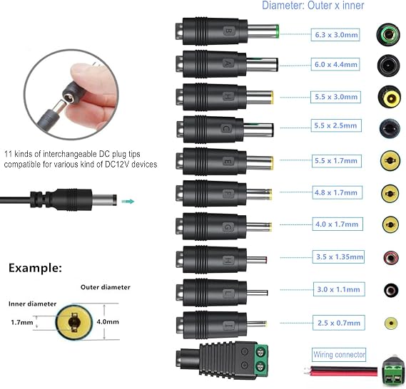 24V Power Supply 2A 1A AC Adapter with 11 Interchangeable DC Plugs AC120V to DC24Volts 2Amps 1.5A 1A 0.5A 400mA 200mA 100mA Power Adapter wall Charger dc24v Converter Inverter Transformer 6FT