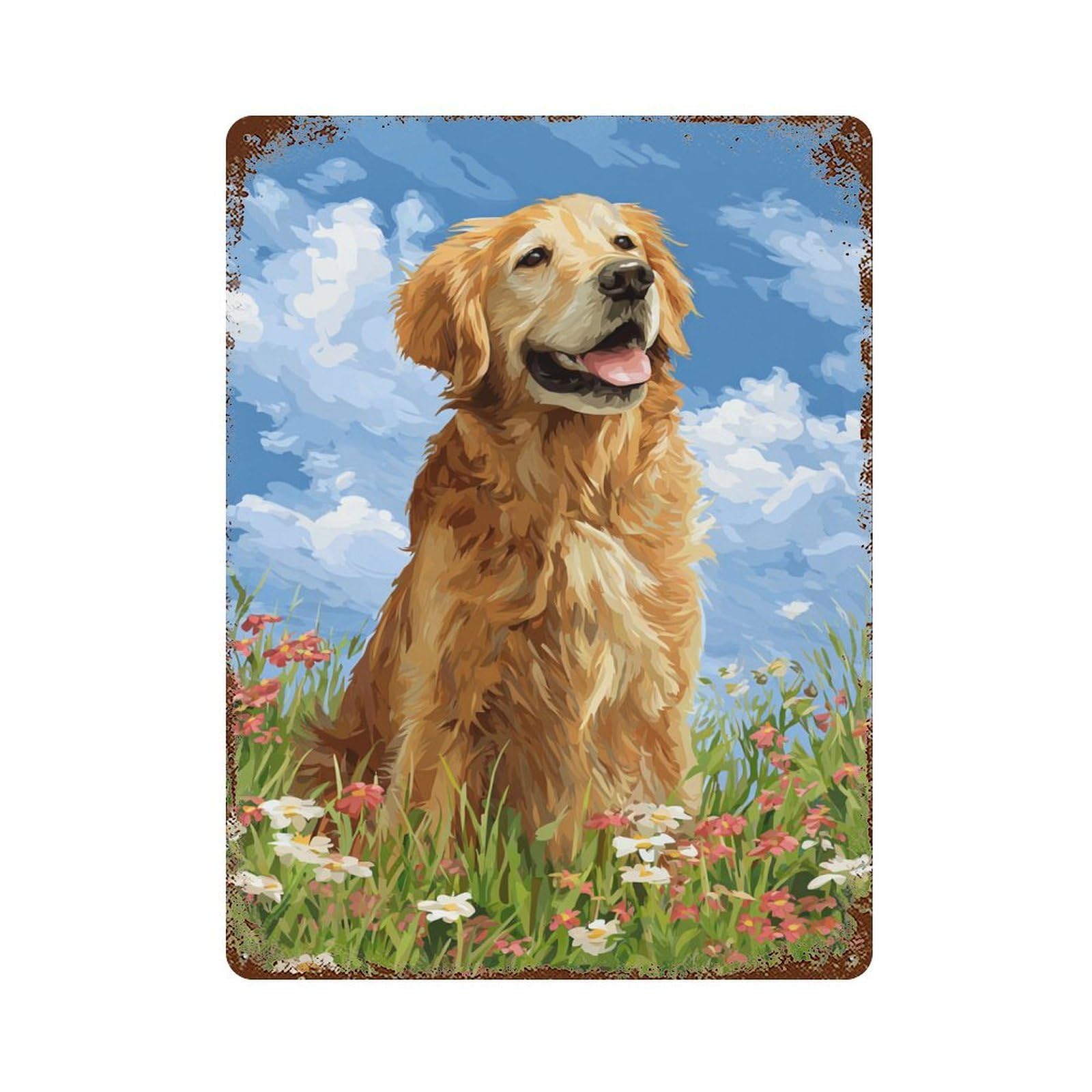 Golden Retriever in Flowers-3 Weathered Tin Sign 15.7"x11.8", Rustic Home Decor for Garage, Bar And Workshop Decor