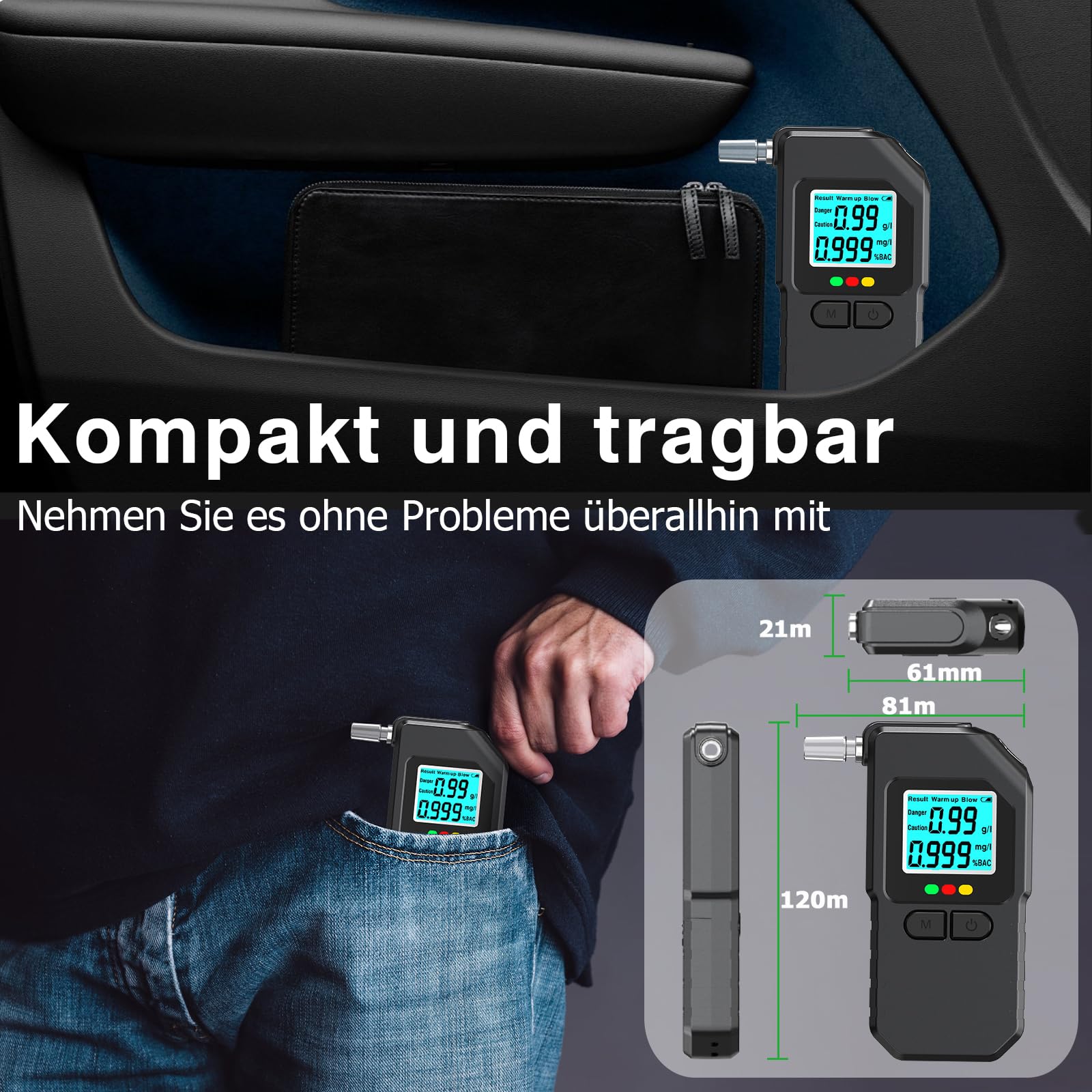 Alkoholtester, Promillemessgerät mit Digitaler LCD-Anzeige, Professioneller Alkoholmessgerät für 20 Mundstücke, Tragbarer Alkohol Tester für Den Persönlichen und Professionellen Gebrauc