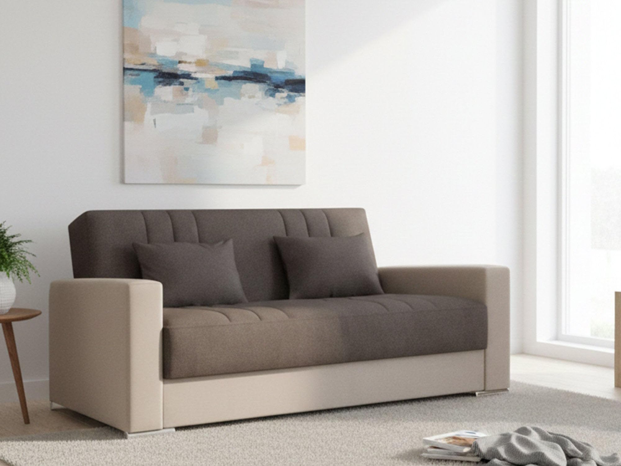 Dmora - Divano Letto 3 posti Sergio, Divano Contenitore in Ecopelle e Tessuto, Sofà con Apertura Click-clack e 2 Cuscini, 230x96h101 cm, Beige e Grigio